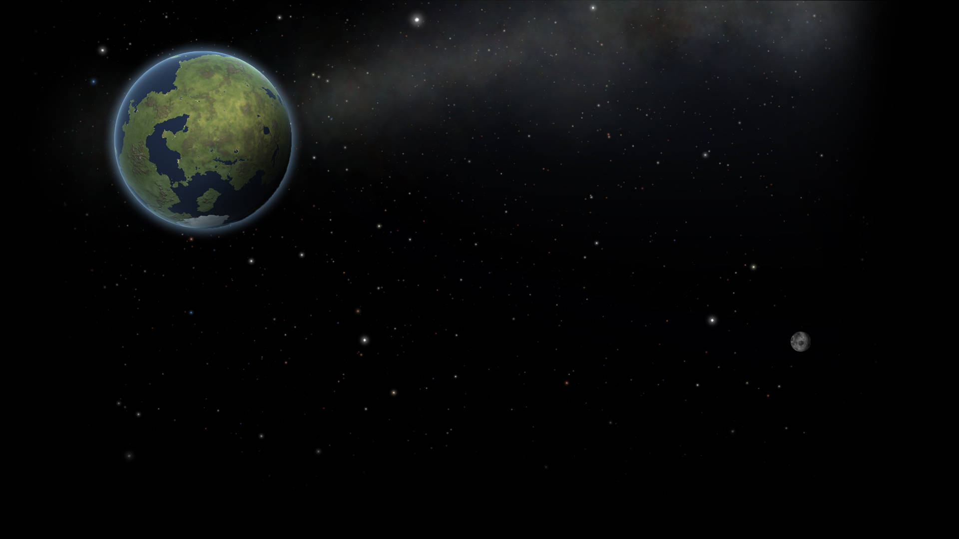 Program 桌布 壁紙 — 一顆帶有可見大陸和海洋的綠色行星，漂浮在繁星點點的虛空中，伴隨著一個小衛星和一個微弱的星雲。