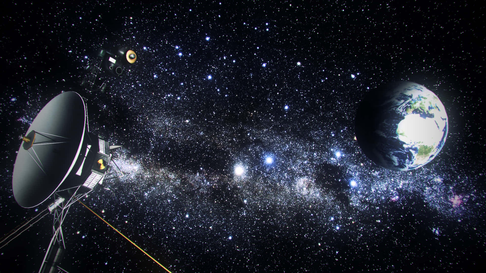 太空 桌布 壁紙 — 一顆帶有大型碟形天線的衛星在閃爍的星星和宇宙塵埃背景下繞地球運行。