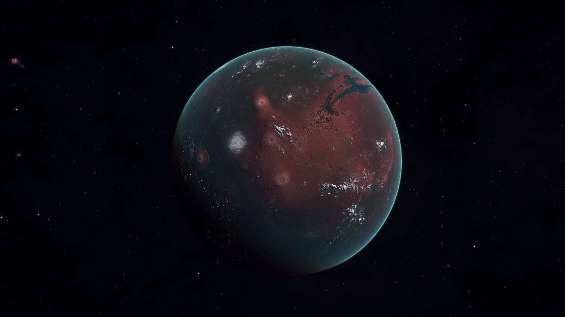 Mars 桌布 壁紙 — 一顆帶有旋轉雲層和極地冰蓋的微紅色外星行星，在繁星點點的虛空中寧靜地漂浮。