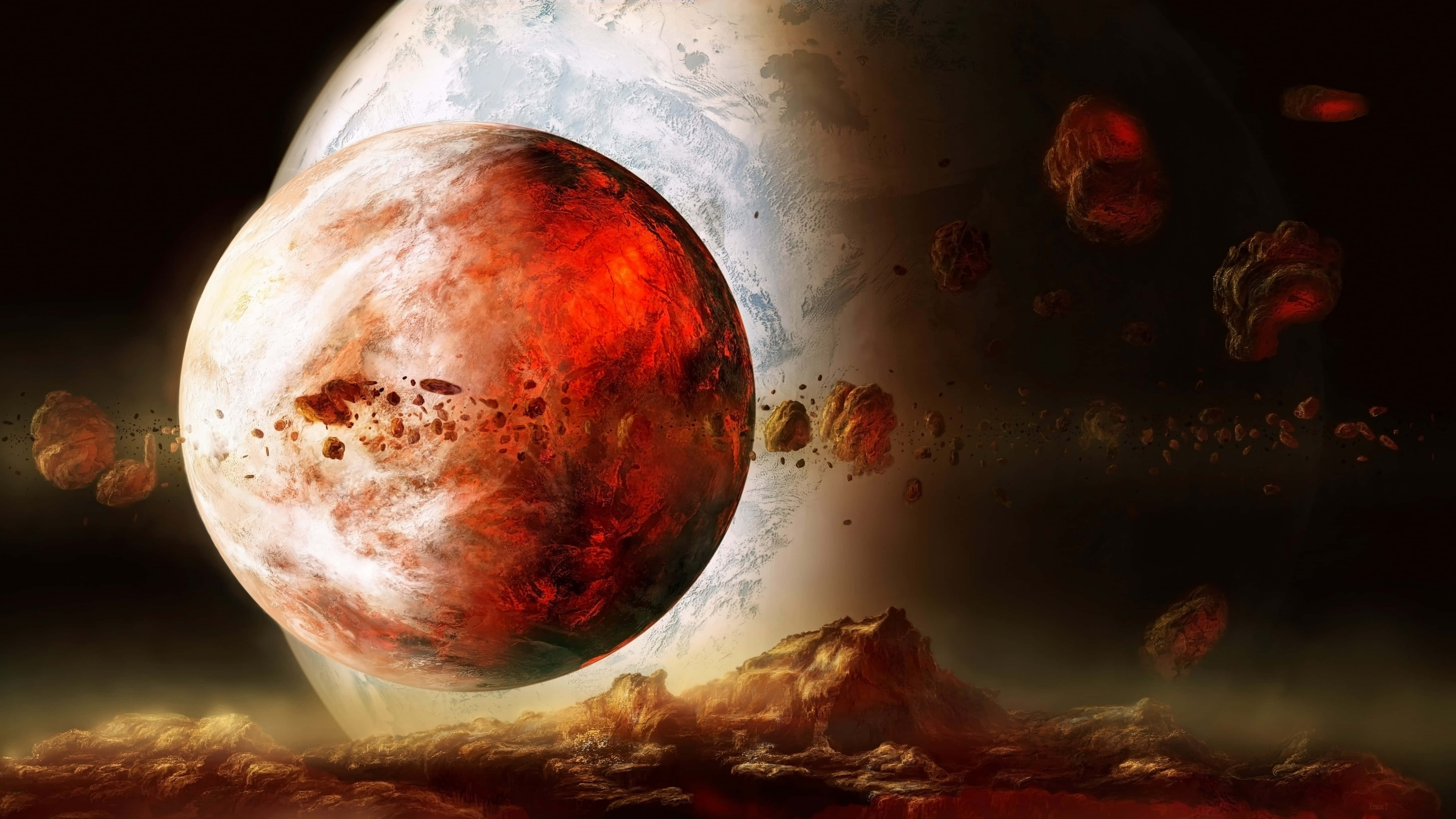 Exoplanet 桌布 壁紙 — 一顆帶有旋轉雲層的熾熱紅色行星，在漂浮的小行星中環繞著一個較大的冰衛星運行，構成戲劇性的宇宙場景。