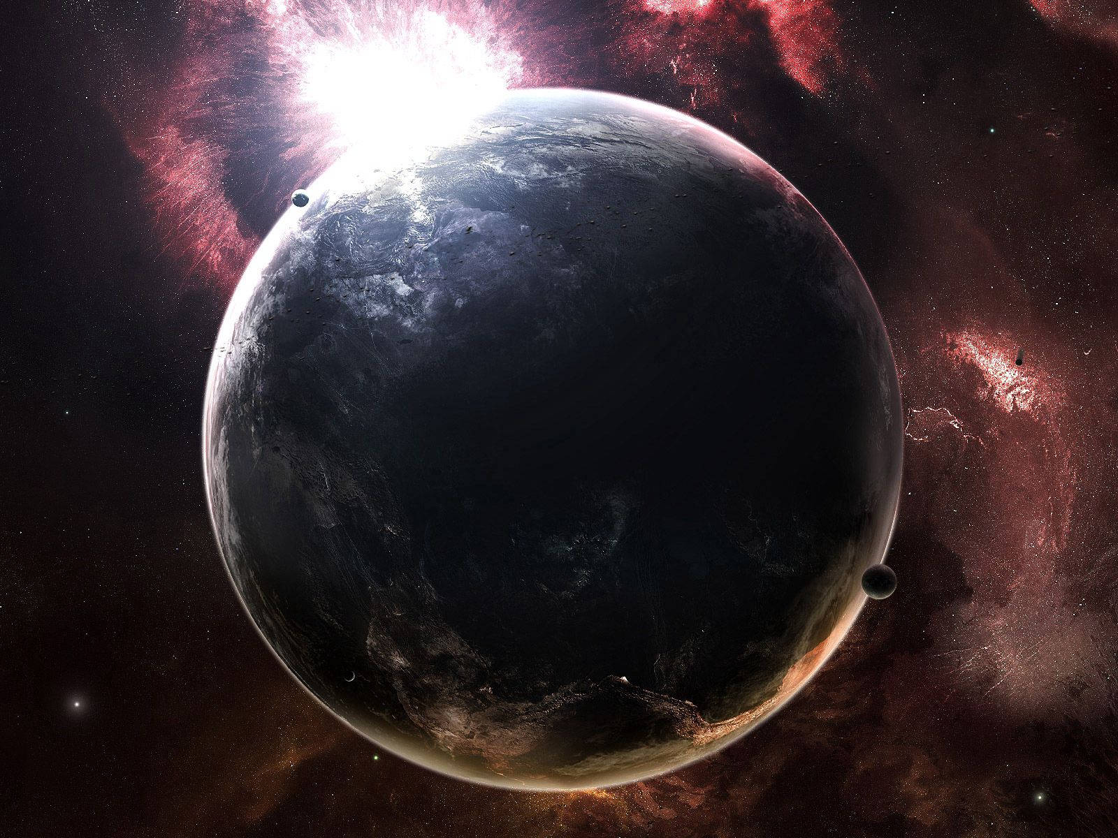 Earth Day 桌布 壁紙 — 一顆帶有旋轉雲層的黑暗行星，在充滿遙遠恆星的鮮紅色星雲背景下，繞著一顆明亮的恆星運行。