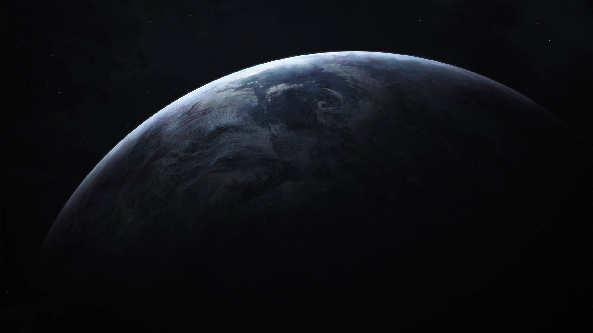 從太空夜間觀看一顆帶有旋轉雲層的黑暗行星。 — 4K 地球 壁紙