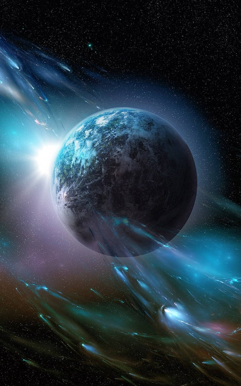 外太空 桌布 壁紙 — 一顆帶有漩渦雲層的藍色行星漂浮在由明亮恆星照亮的充滿活力的宇宙星雲中。