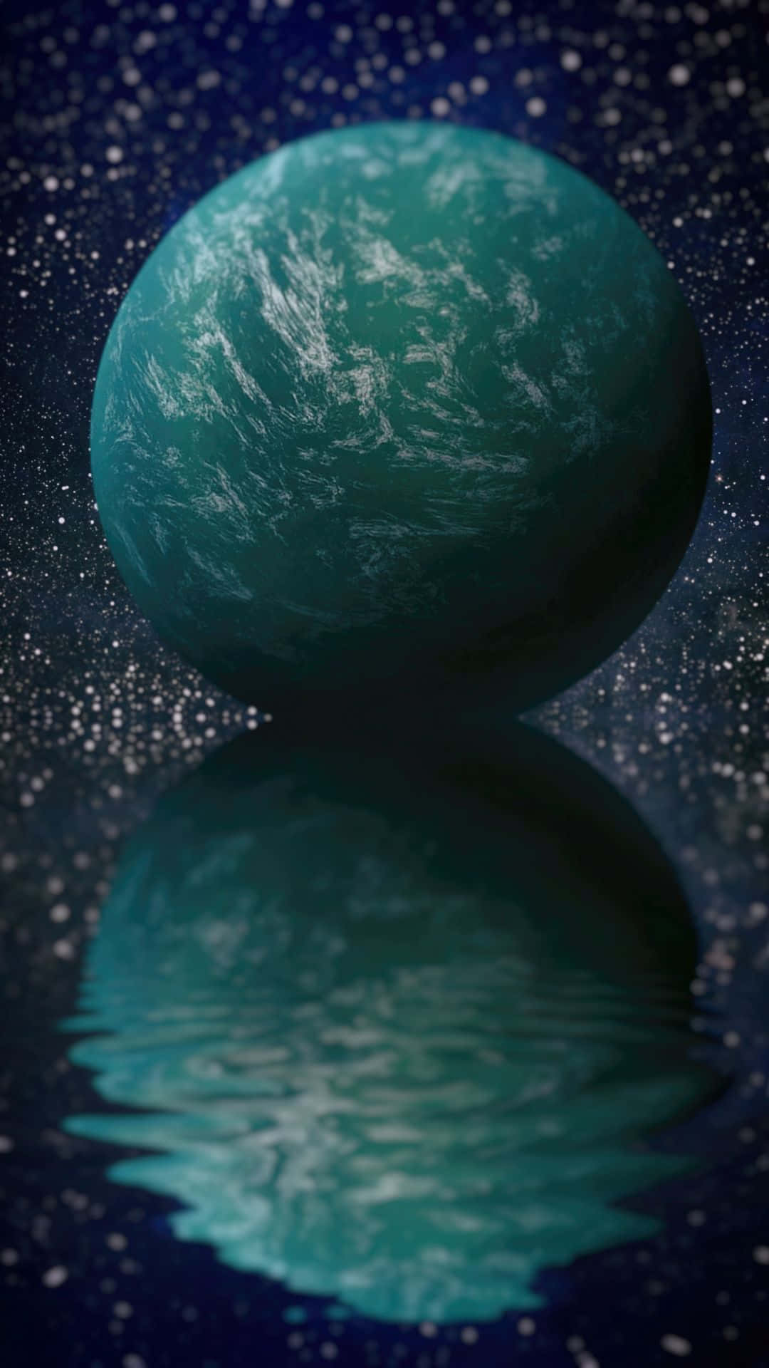 行星動畫 桌布 壁紙 — 一顆帶有漩渦雲層的青色外星行星漂浮在星空虛空之上，完美地倒映在漣漪的宇宙水面上。