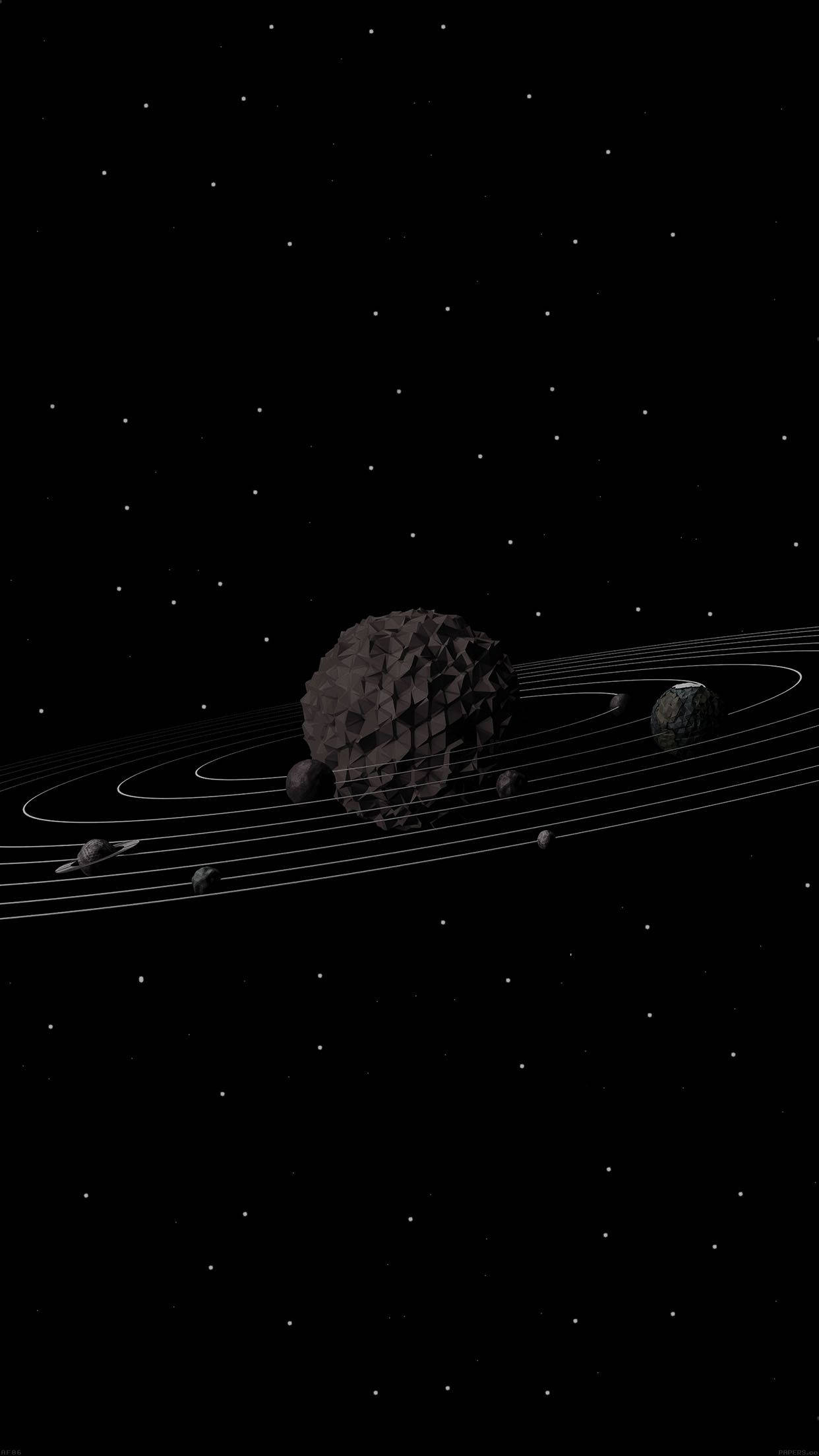 3D iPhone 壁紙 桌布 壁紙 — 一顆帶有環的黑暗小行星在深空的星場中運行。