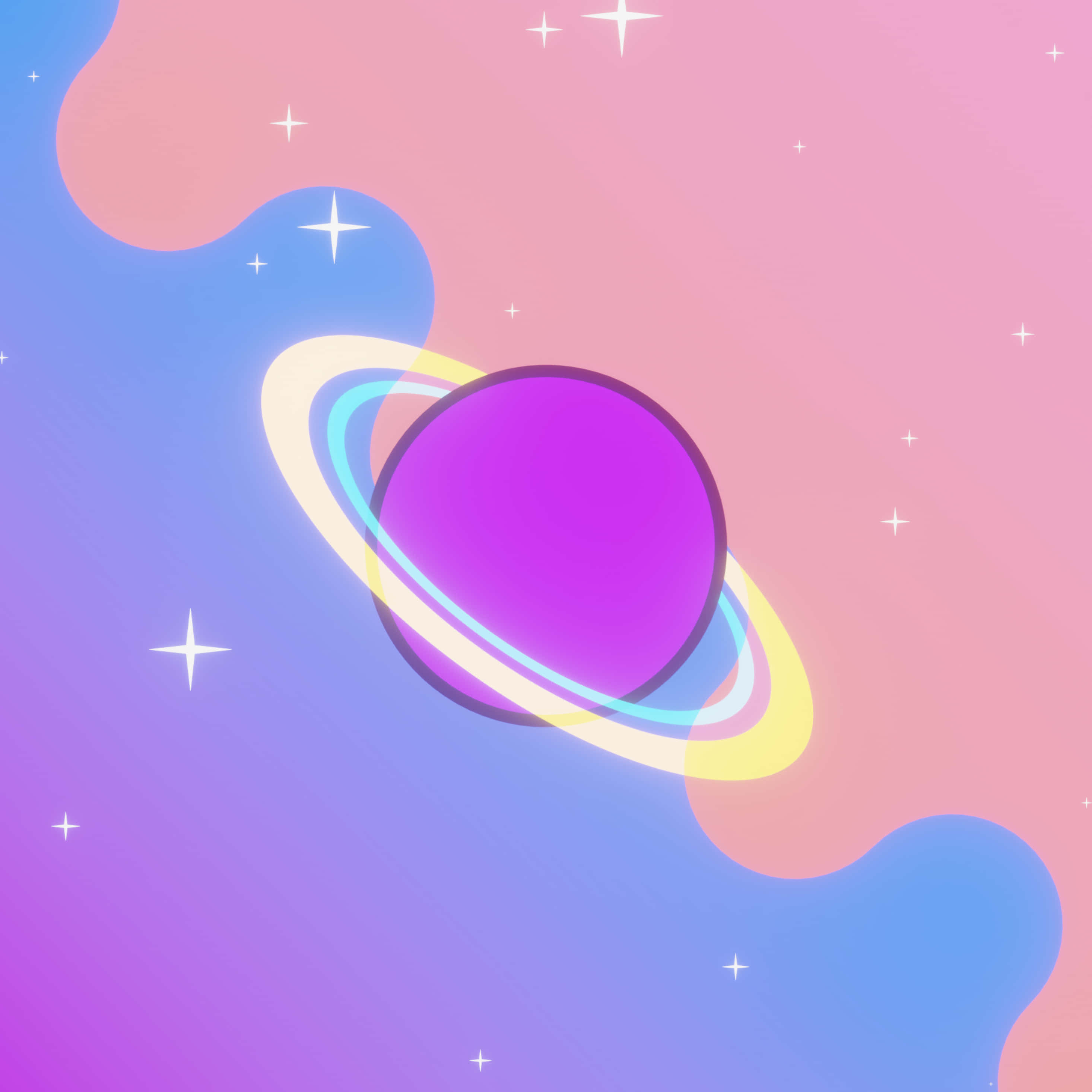 Cute Space 桌布 壁紙 — 一顆帶有發光光環的鮮豔紫色行星漂浮在夢幻般的粉彩宇宙中，點綴著閃爍的星星。