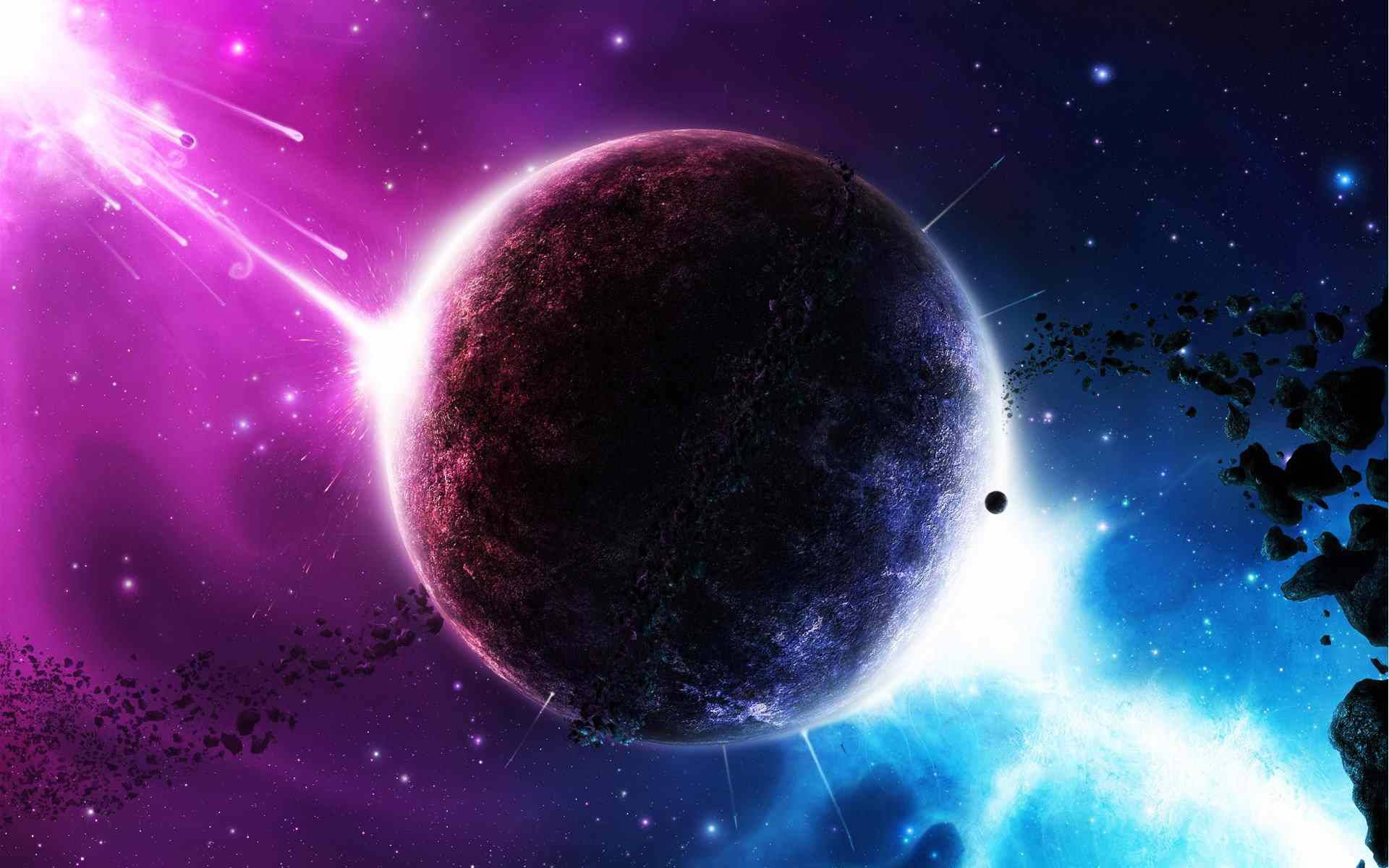 太陽系 桌布 壁紙 — 一顆帶有發光光環的黑暗行星漂浮在宇宙碎片中，背景是充滿星星的鮮豔紫色和藍色星雲。