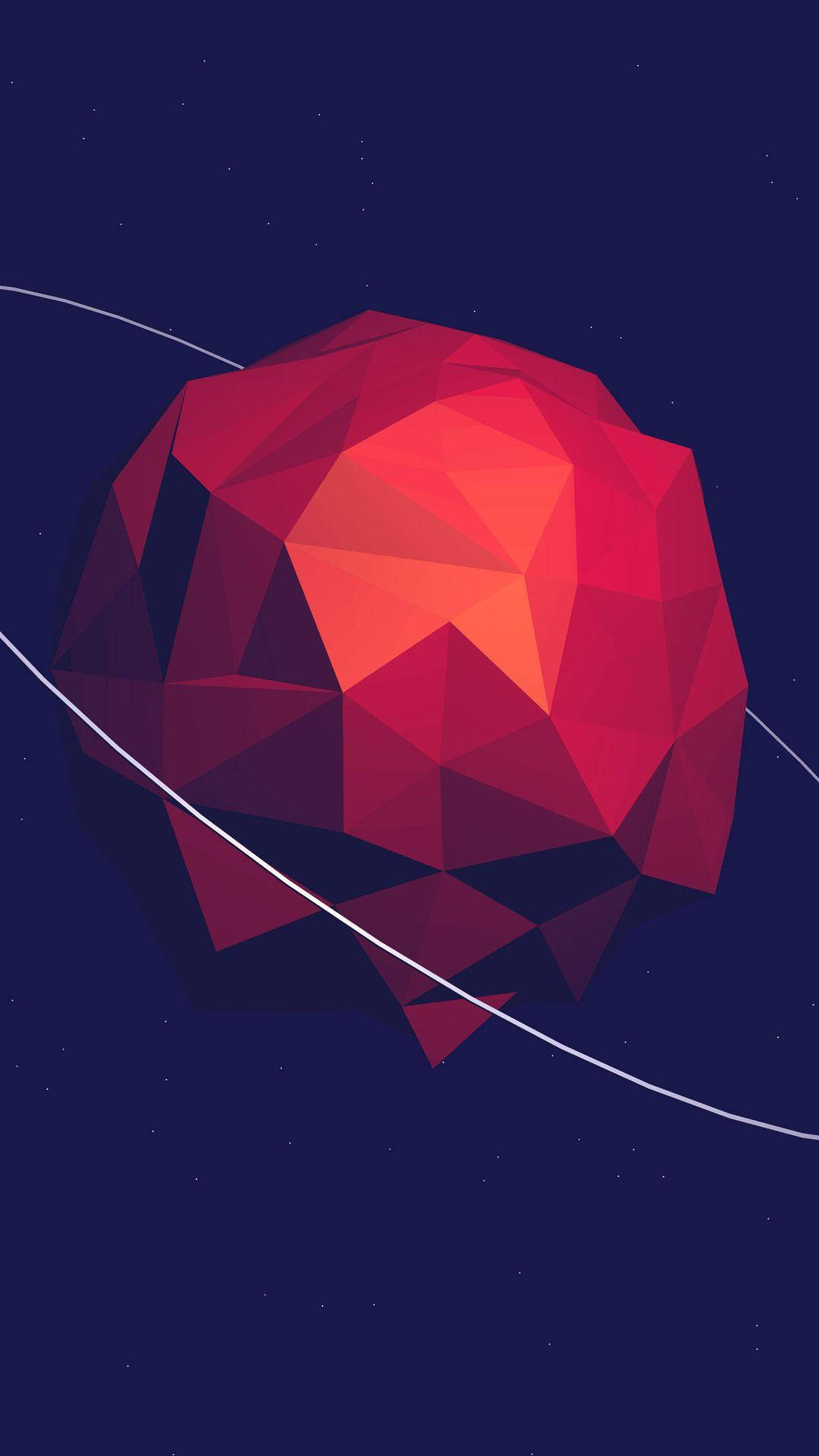 3D iPhone 壁紙 桌布 壁紙 — 一顆帶有發光切面的鮮紅色低多邊形行星，在繁星點點的深藍色夜空中運行。