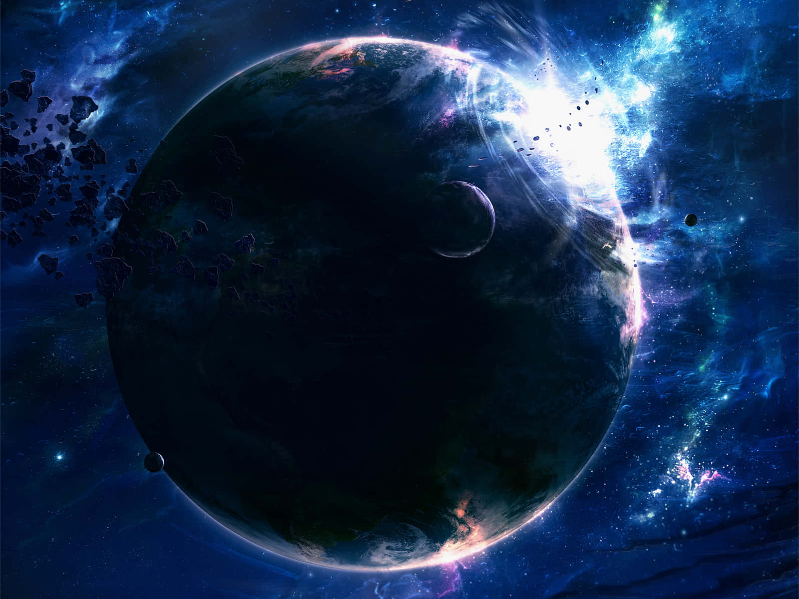 科幻 桌布 壁紙 — 一顆帶有發光大氣帶的黑暗行星，在漂浮的小行星和遙遠的恆星之間，繞著一顆光芒四射的星雲運行。