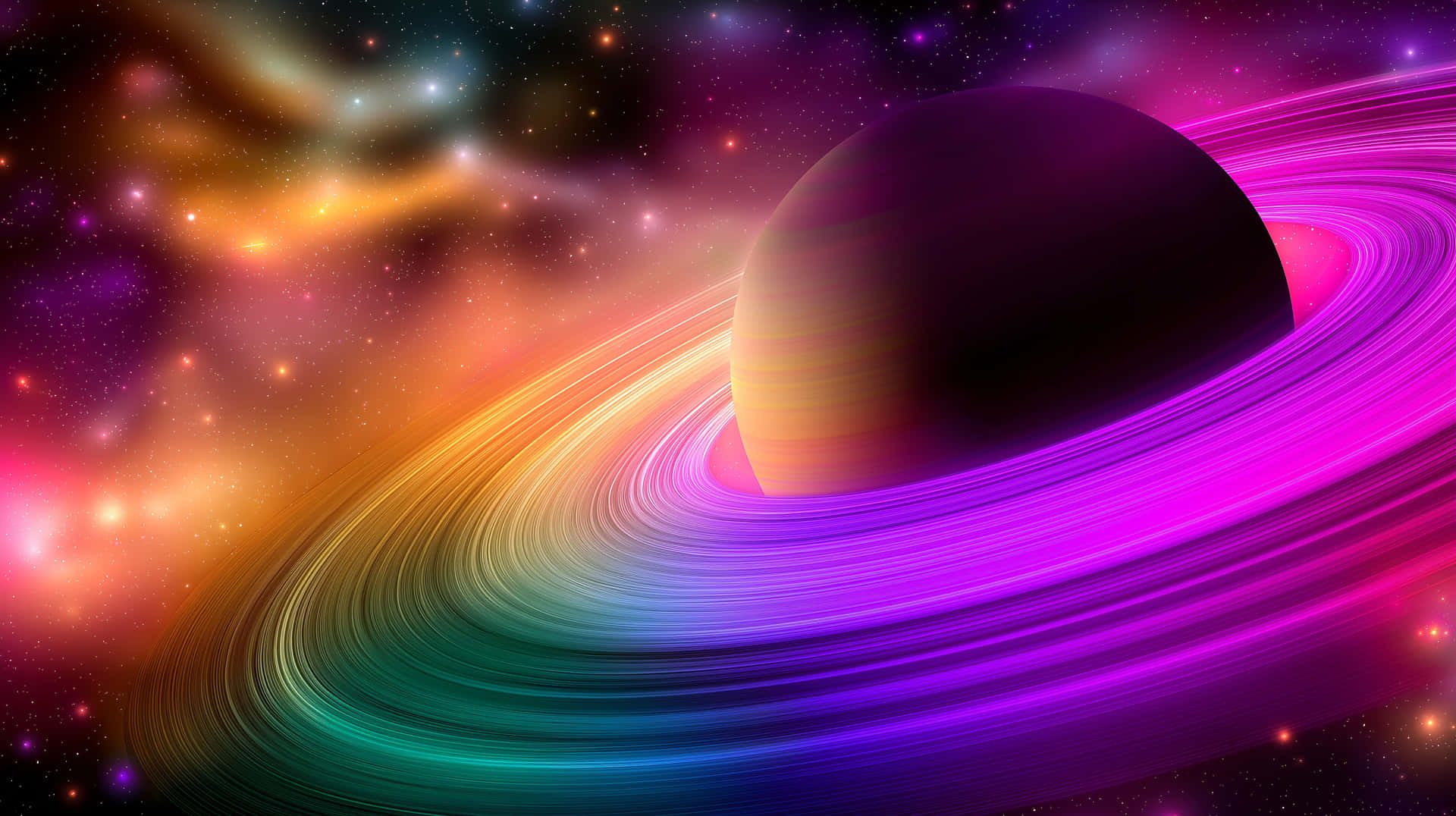 Saturn with Dazzling Rainbow Rings and Nebula Backdrop 壁紙 — 一顆帶有發光彩虹環的行星在充滿紫色、橙色和藍綠色恆星的星雲中運行。
