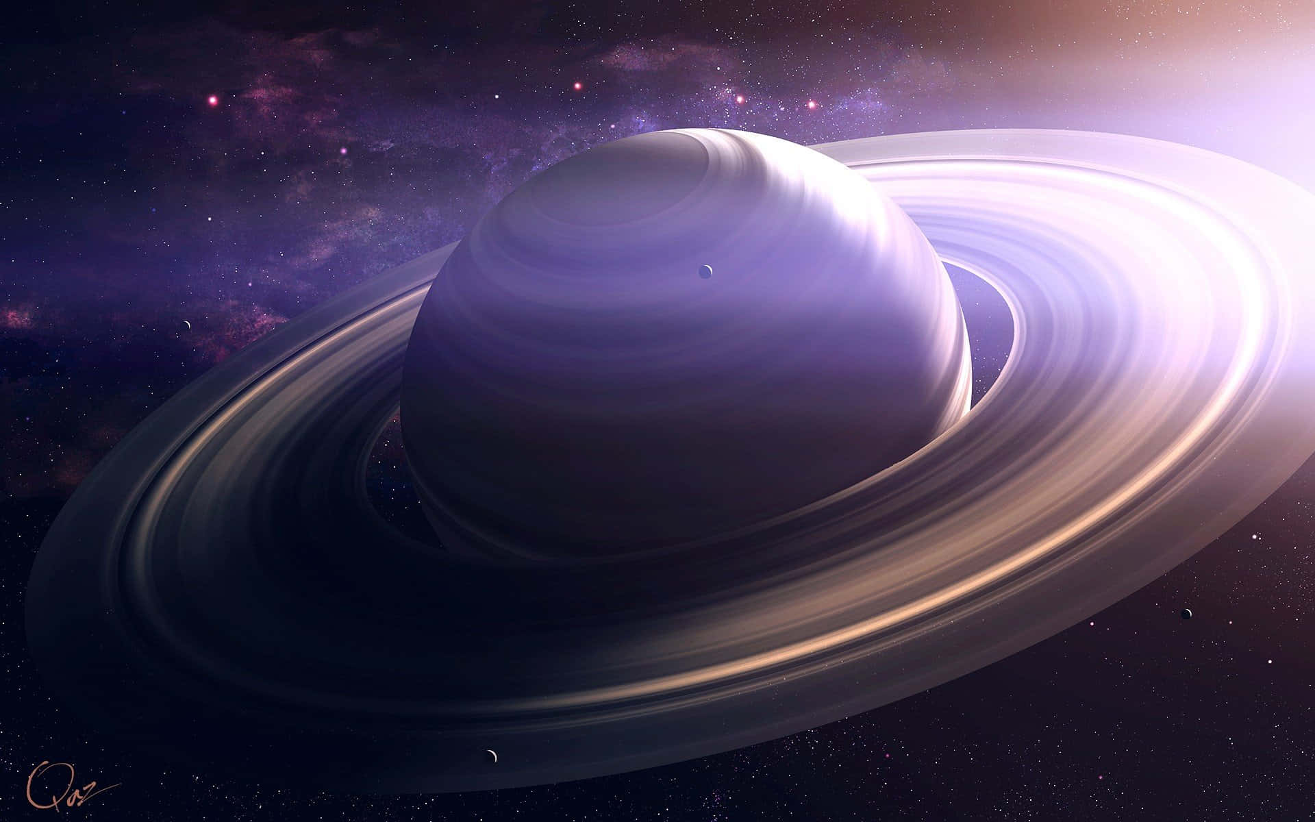 Galaxy Planet 桌布 壁紙 — 一顆帶有發光環的宏偉紫色行星，主宰著充滿星雲和遙遠恆星的星空宇宙背景。