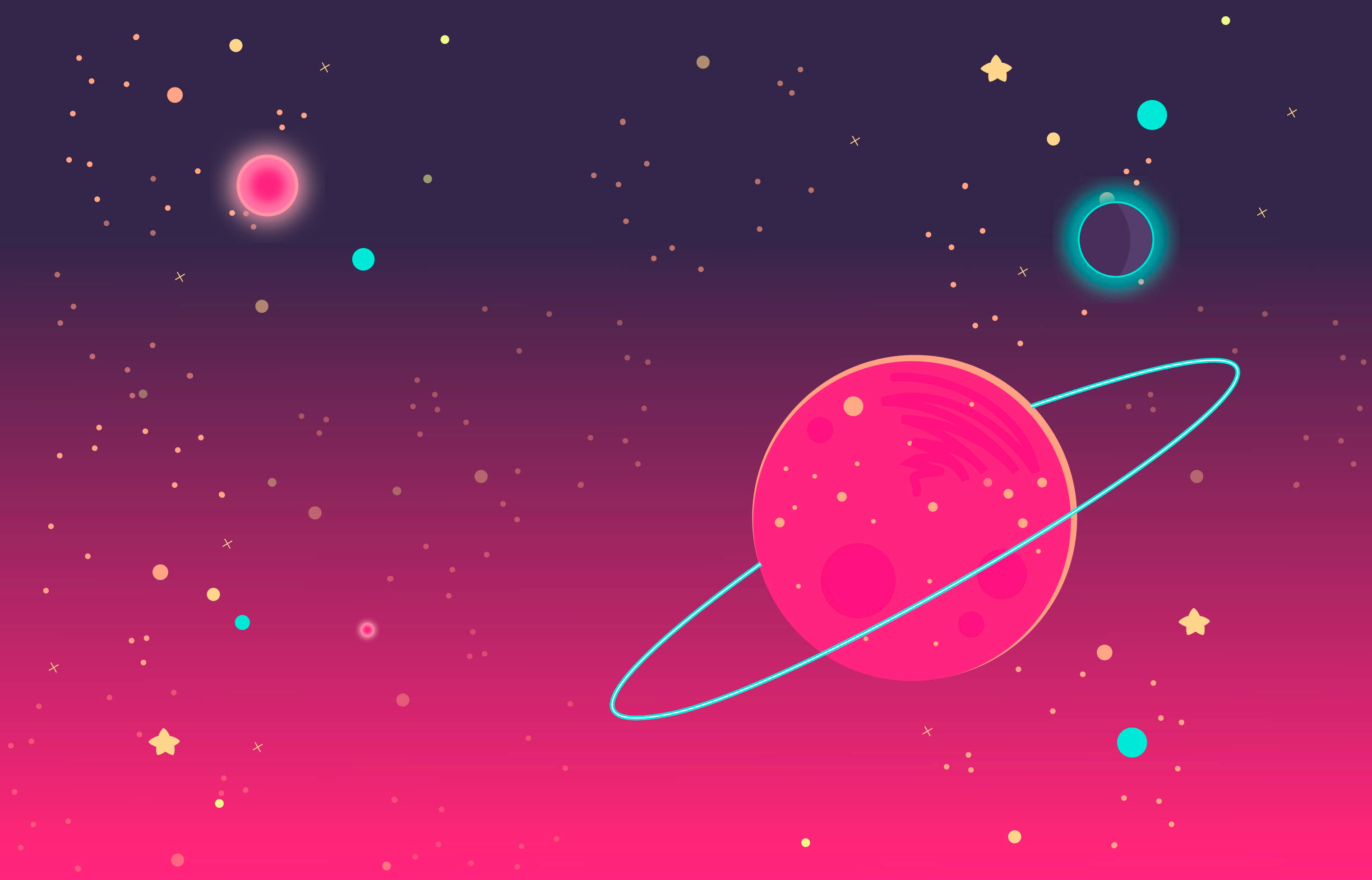 土星 桌布 壁紙 — 一顆帶有發光環的鮮豔粉紅色行星，在漸變宇宙背景中，於星星和多彩天體之間運行。