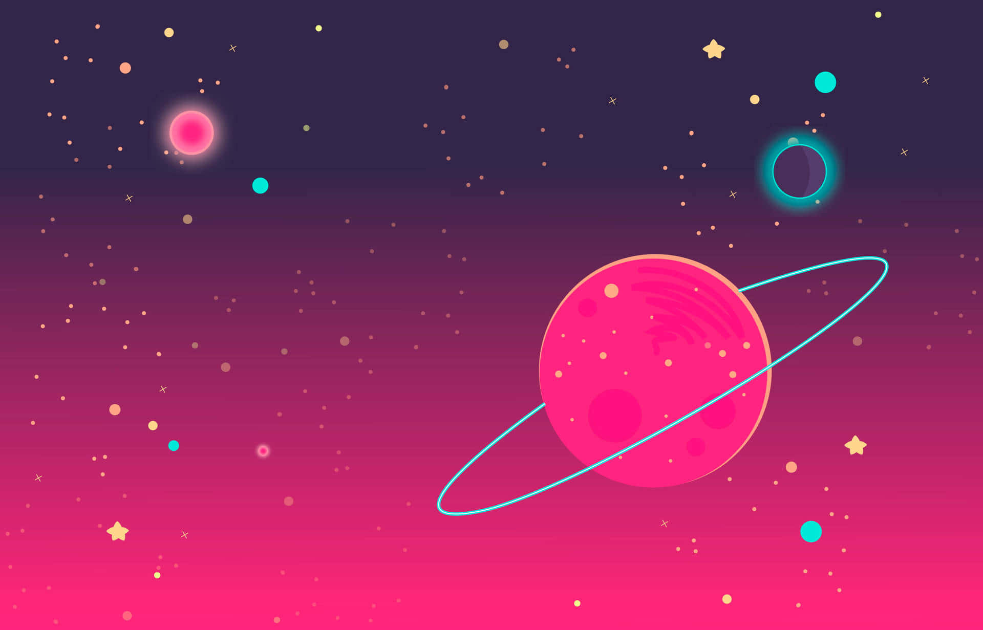 土星 桌布 壁紙 — 一顆帶有發光環的鮮豔粉紅色行星在漸變宇宙天空中，於星星和多彩天體之間運行。