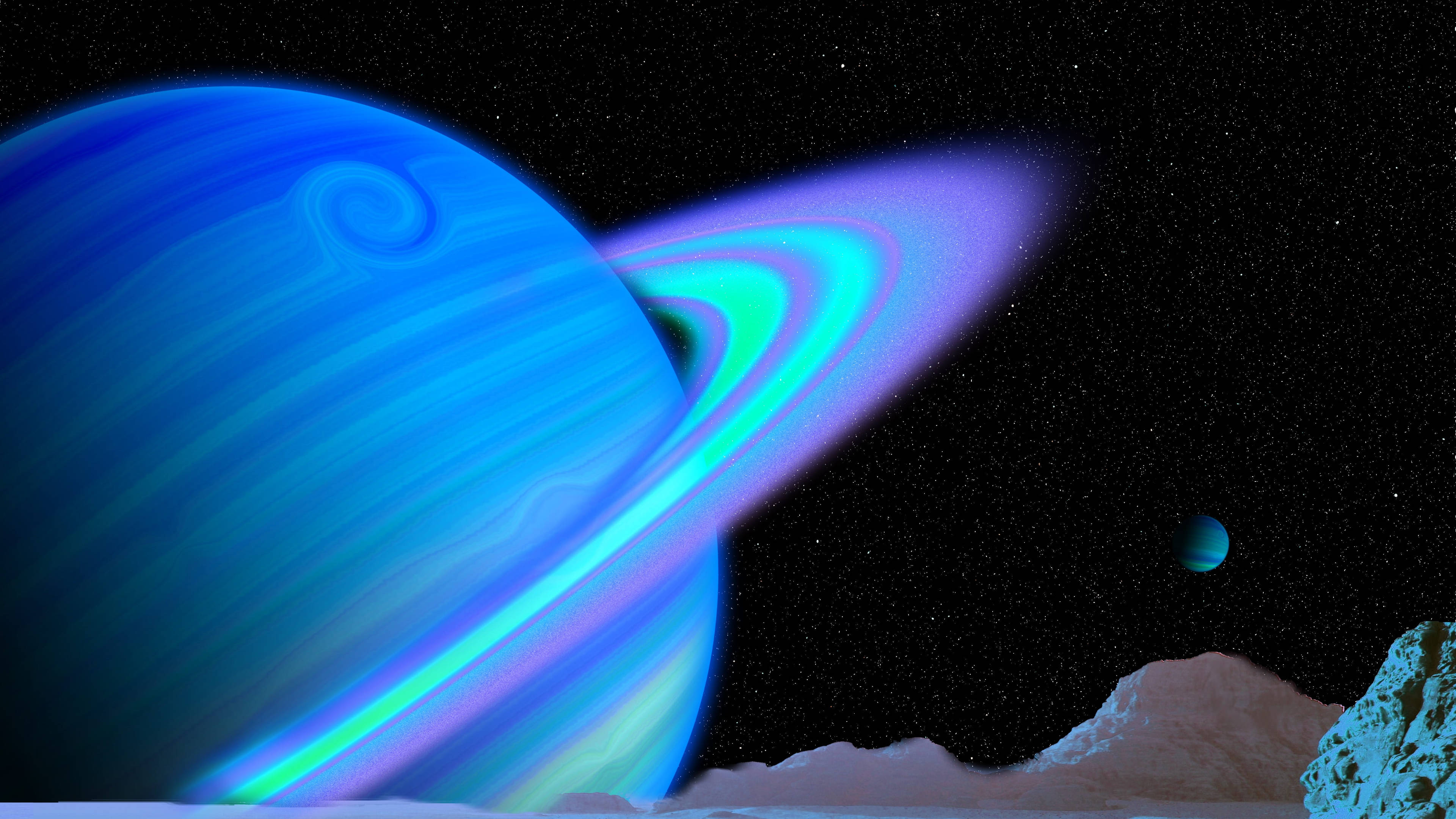 土星 桌布 壁紙 — 一顆帶有發光環的鮮豔藍色行星，在外星岩石地形上方的星空下佔據主導地位。