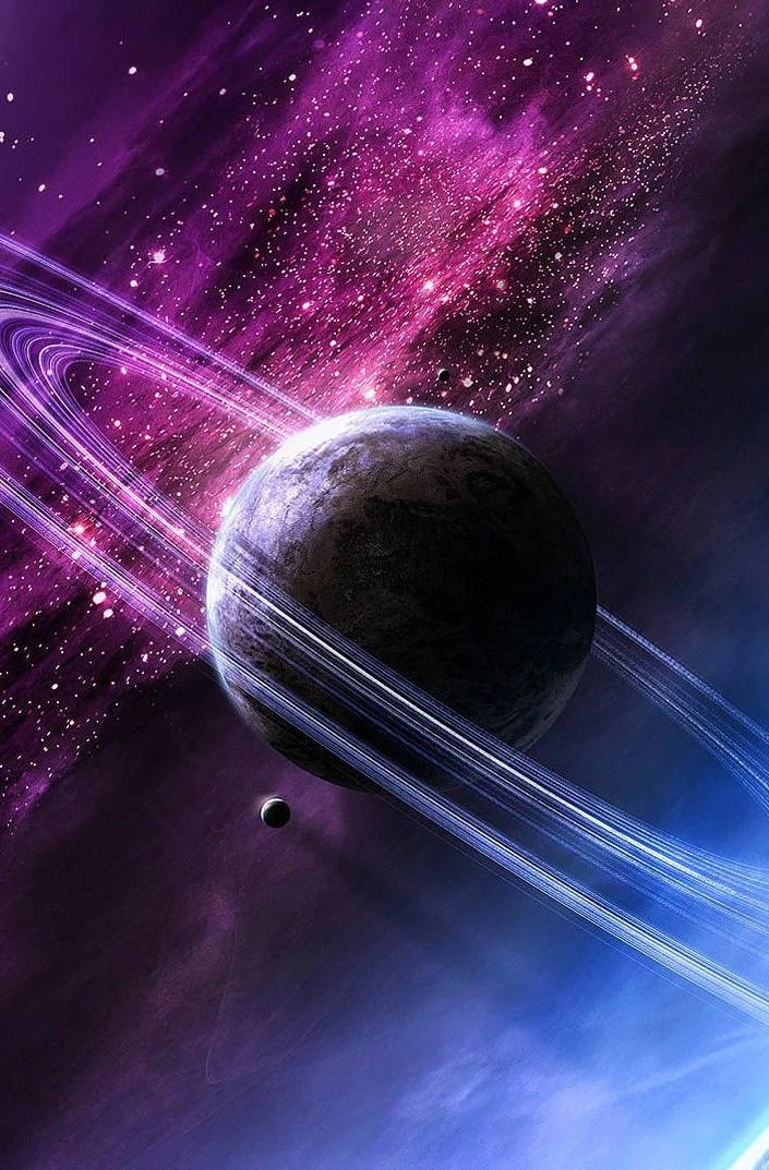 桌布 壁紙 — 一顆帶有發光環的黑暗行星在充滿閃爍星星的鮮豔紫色和藍色星雲中運行。