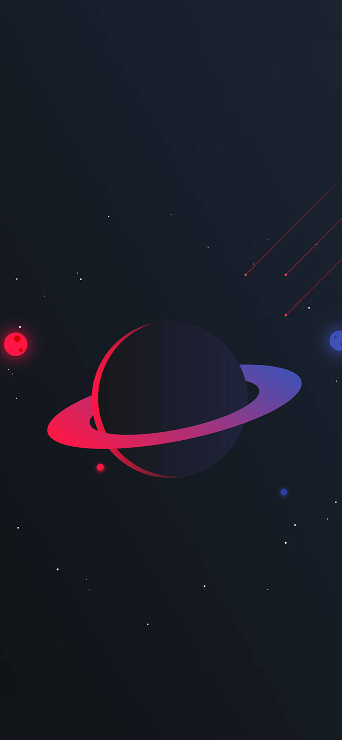 OLED 桌布 壁紙 — 一顆帶有發光粉紅色和藍色光環的風格化行星，在點綴著星星和流星的黑暗宇宙虛空中運行。