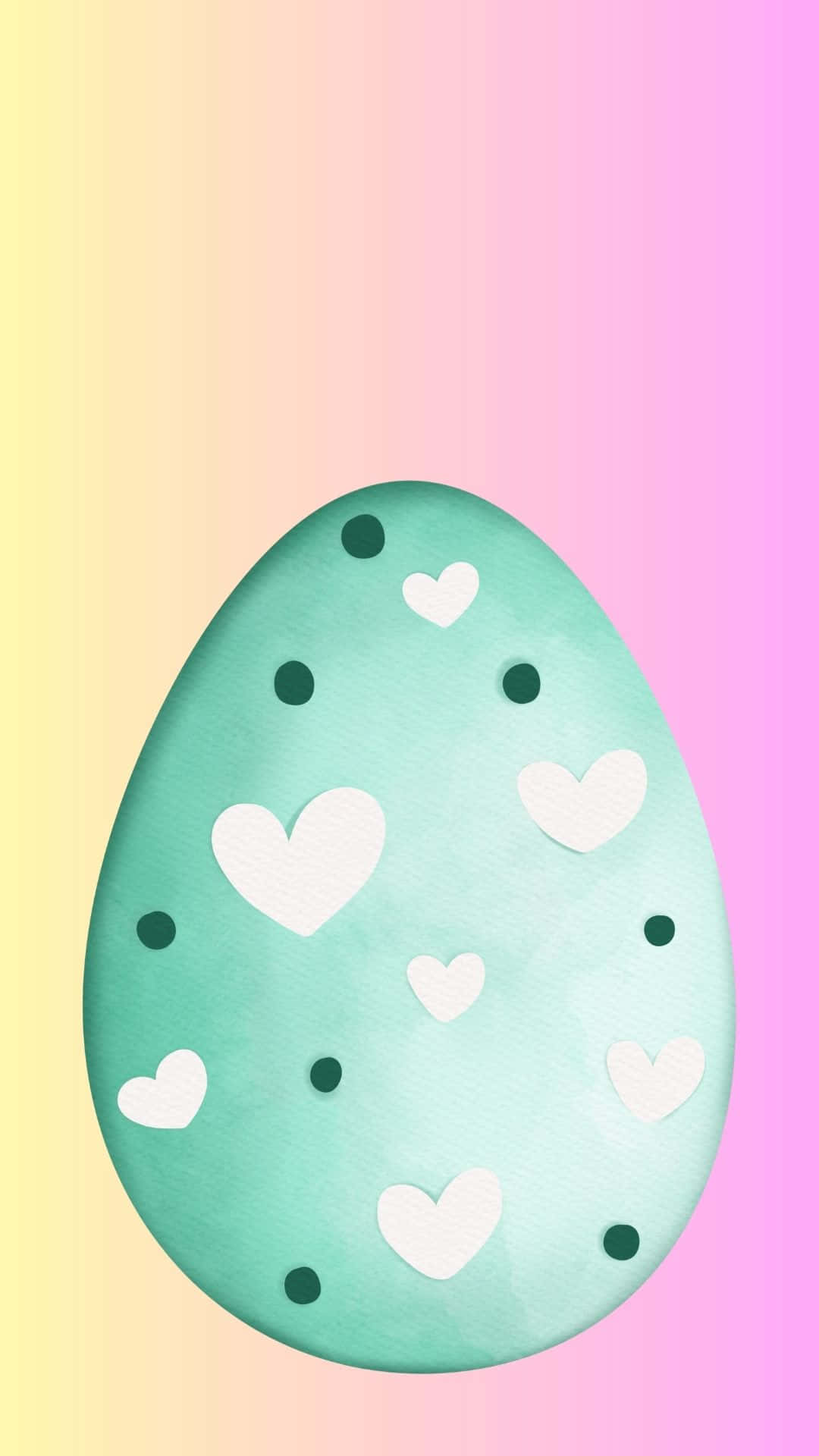 Easter Egg 桌布 壁紙 — 一顆帶有白色愛心和深綠色圓點的藍綠色復活節蛋，漂浮在柔和的粉彩漸層背景上。