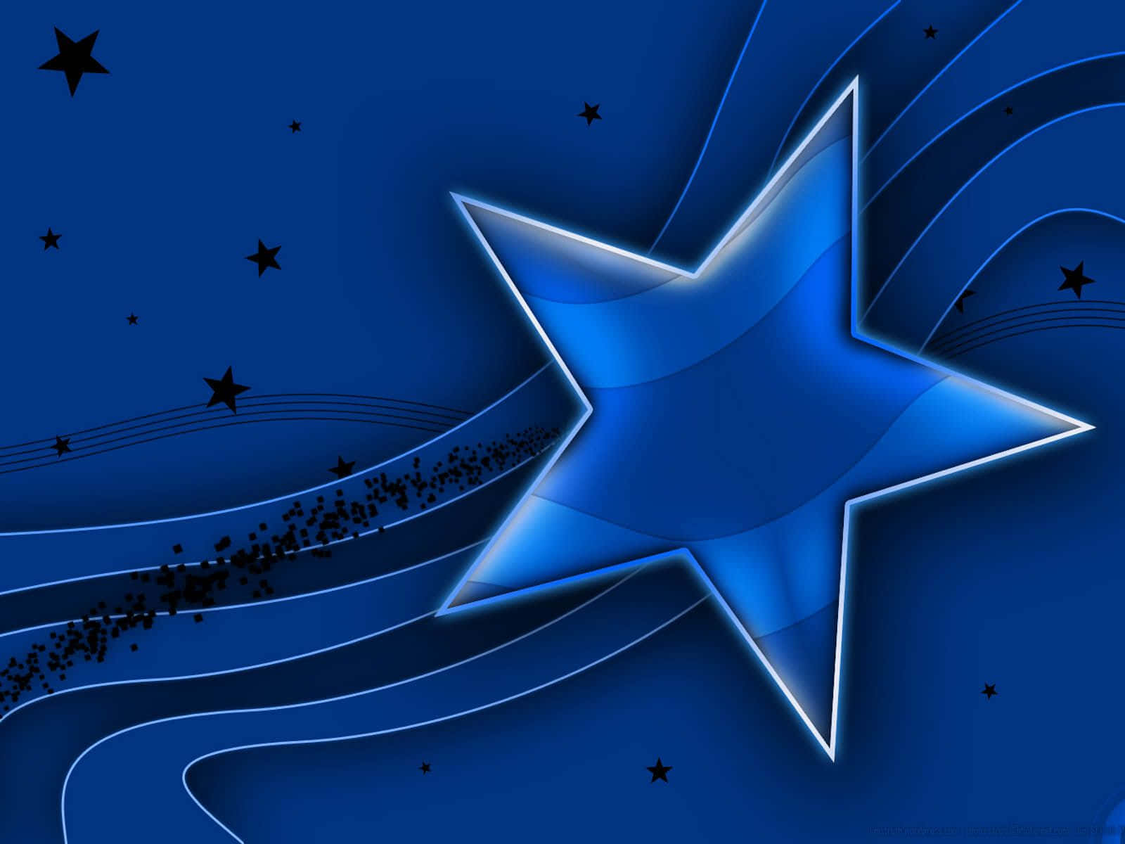 3d Star 桌布 壁紙 — 一顆帶有白色高光的發光藍色星星，在深藍色背景上散發光芒，背景有漩渦線條和散落的黑色星星。