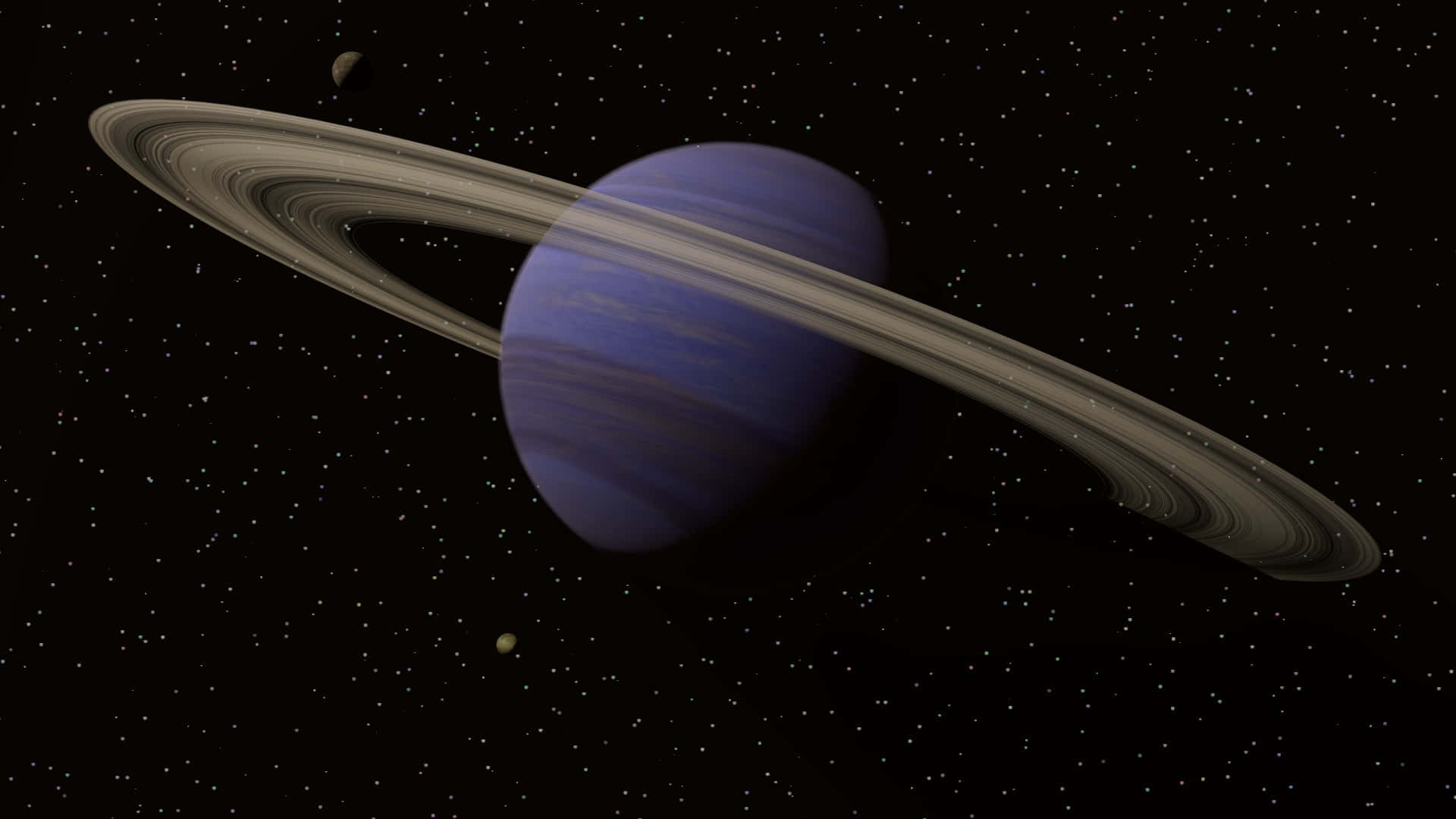 土星 桌布 壁紙 — 一顆帶有突出光環的雄偉藍色行星，在星空背景下與遙遠的衛星一同閃耀。