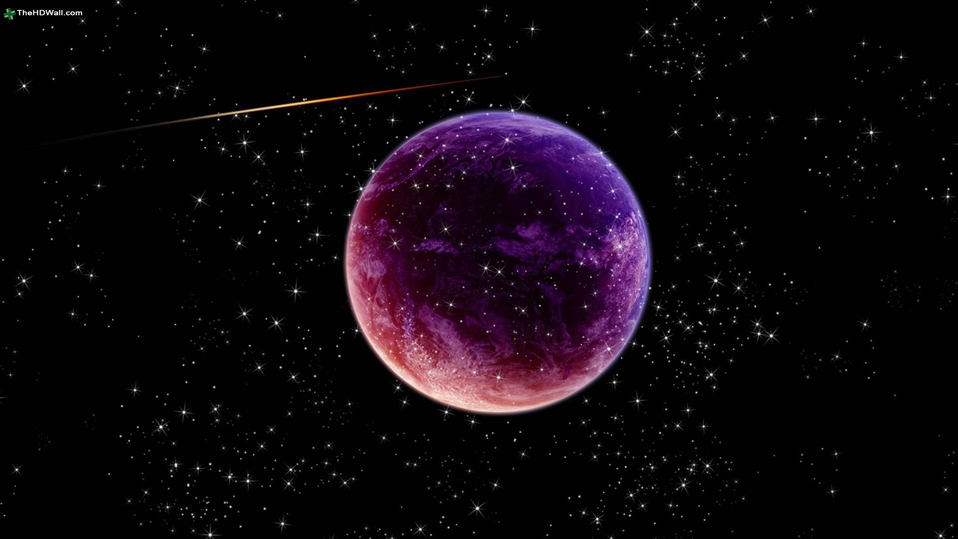 木星 桌布 壁紙 — 一顆帶有粉紅色調的發光紫色行星在星空中旋轉，一顆彗星劃過黑色虛空。