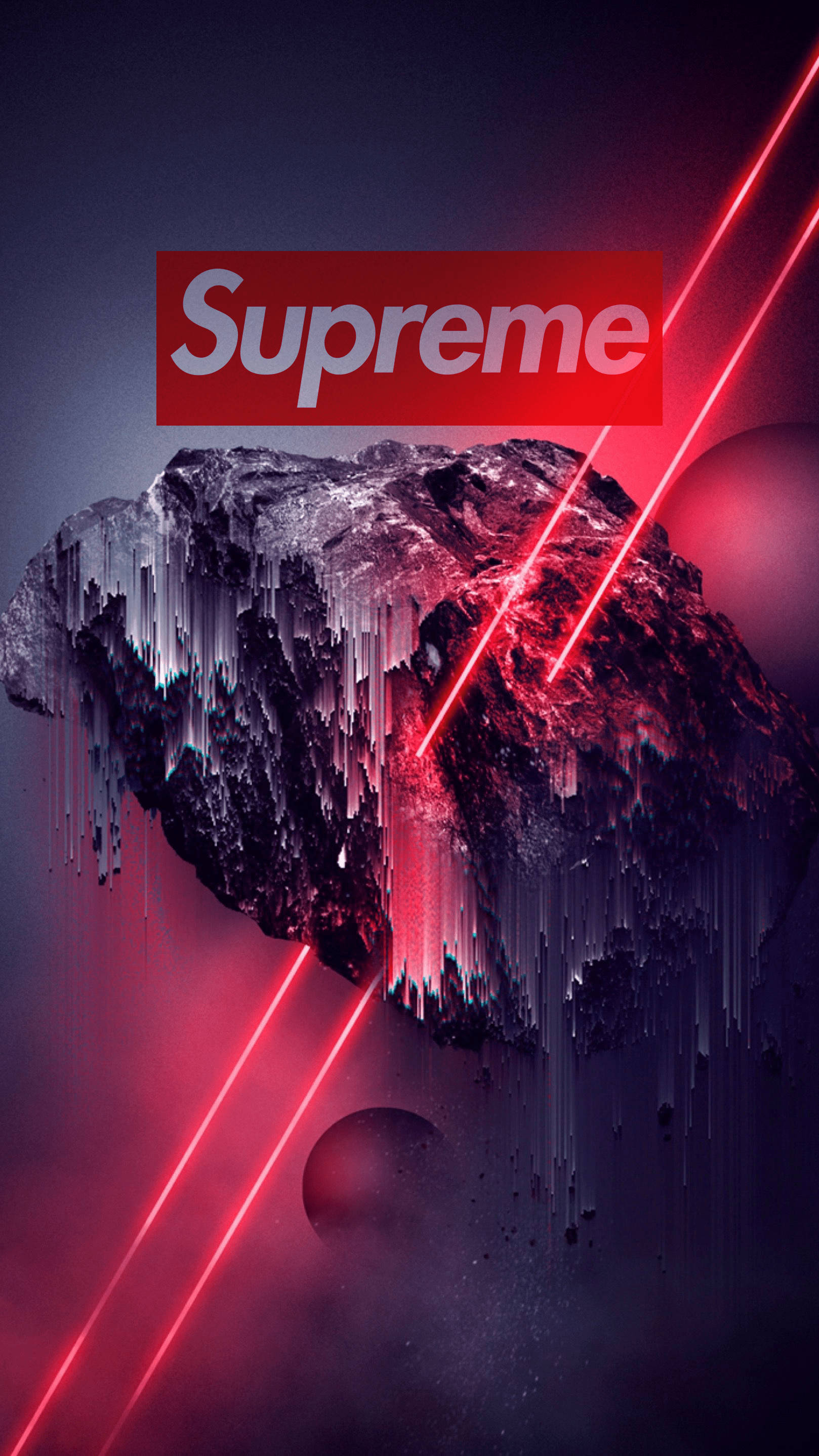 iPhone 動態 桌布 壁紙 — 一顆帶有紅色激光束和Supreme標誌的故障小行星漂浮在黑暗的宇宙虛空中。