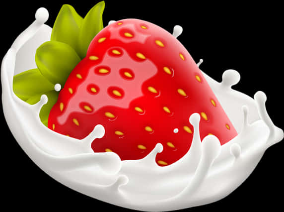 Strawberry Milk 桌布 壁紙 — 一顆帶有綠色葉子的光澤紅色草莓在黑色背景上的奶油白色牛奶中飛濺。