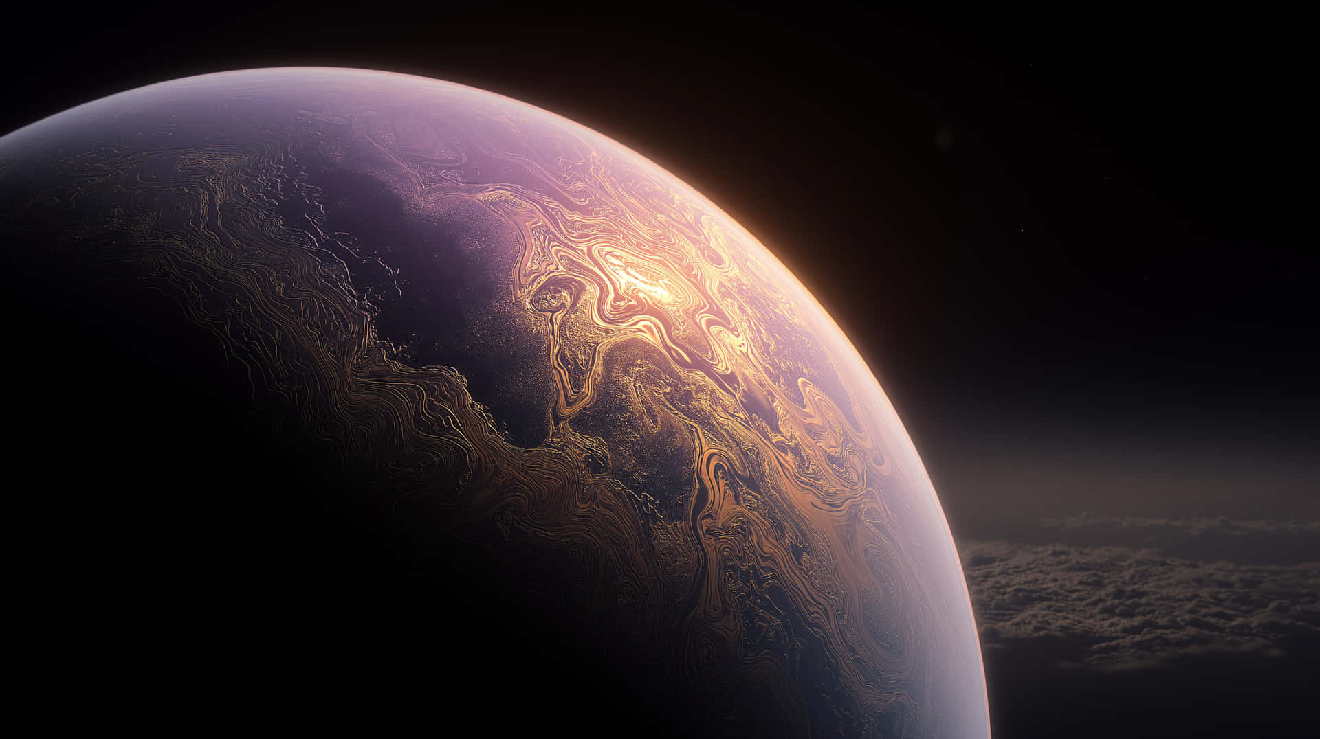 Enigmatic Planet's Surface: Golden Veins on Purple Terrain 壁紙 — 一顆帶有金色和紫色大氣帶的旋轉行星，在黑色的太空虛空中發光。