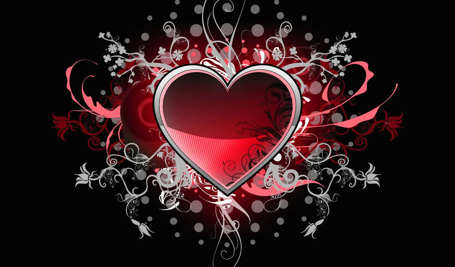 Valentines 桌布 壁紙 — 一顆帶有銀色邊框的發光紅心在黑色背景上閃耀，周圍環繞著旋轉的白色和紅色花卉圖案及圓點。