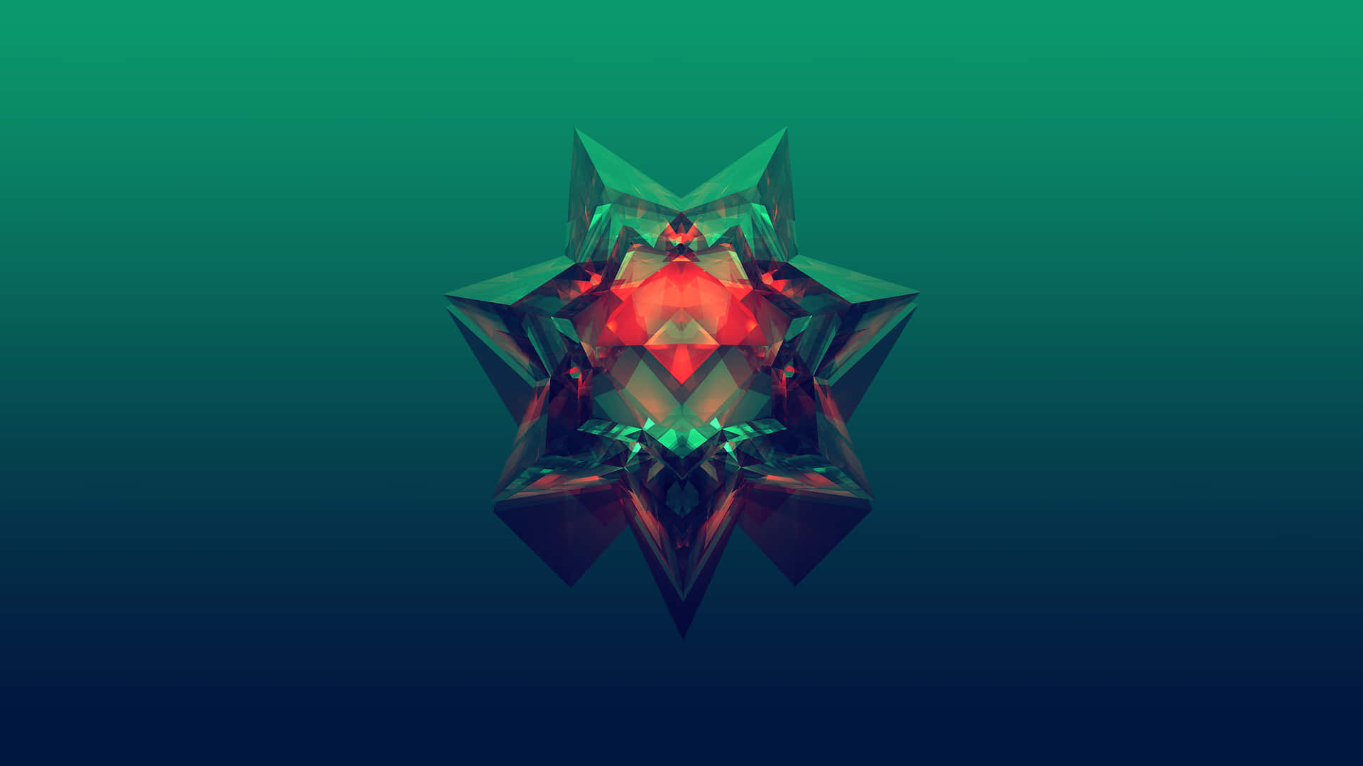 Minimalist Abstract 桌布 壁紙 — 一顆帶有銳利切面的發光紅色幾何星星，在從青綠色到深藍色的漸變背景上散發光芒。