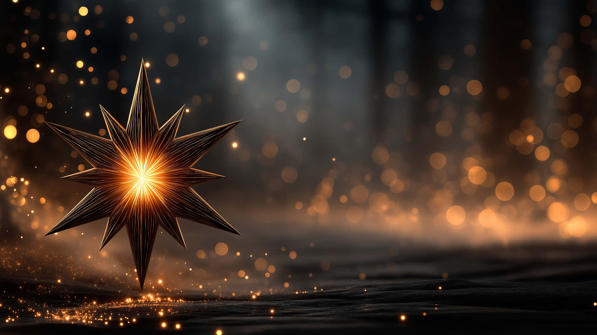 Shining Star on Dark Abstract Background 壁紙 — 一顆帶有銳利刻面的金色星星在充滿柔和散景燈光的黑暗背景上閃耀著明亮的光芒。