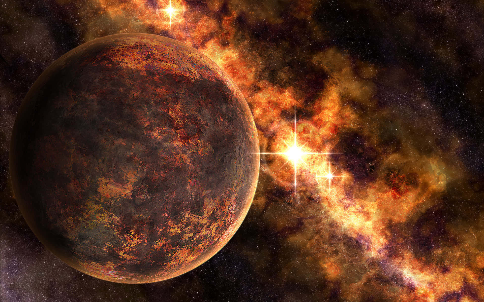 行星動畫 桌布 壁紙 — 一顆帶有鏽橙色和棕色地殼的熾熱行星，在深空中圍繞著發光的星雲和璀璨的恆星運行。