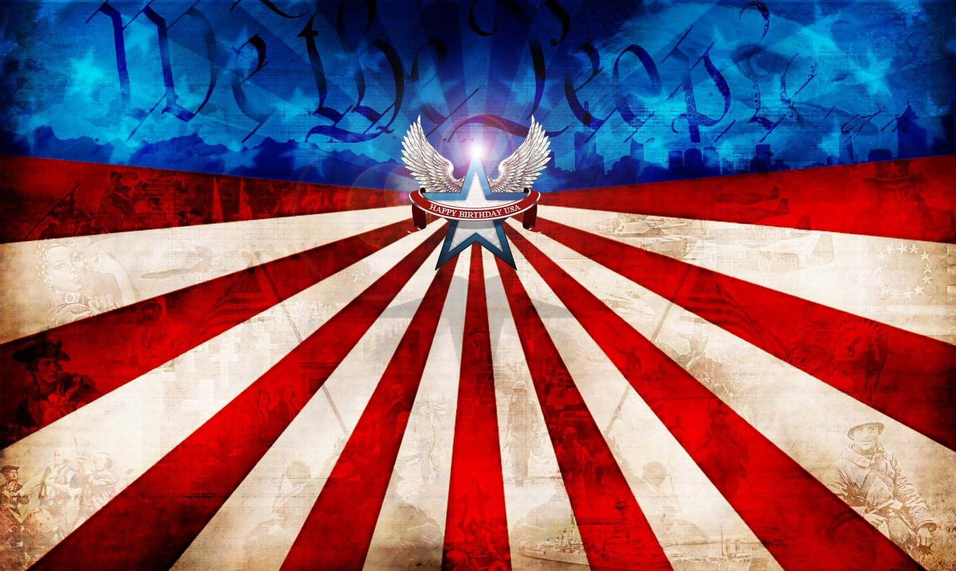 Cute 4th Of July 桌布 壁紙 — 一顆帶翅膀的愛國星星從紅白條紋背景中散發光芒，映襯著帶有褪色歷史文字的藍天。