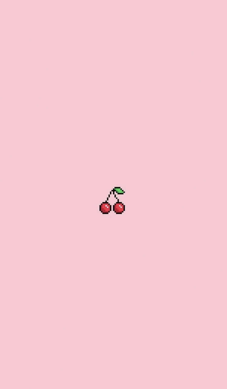 Soft Girl Aesthetic 桌布 壁紙 — 一顆帶莖和葉子的像素化櫻桃，居中於柔和的粉紅色背景上。