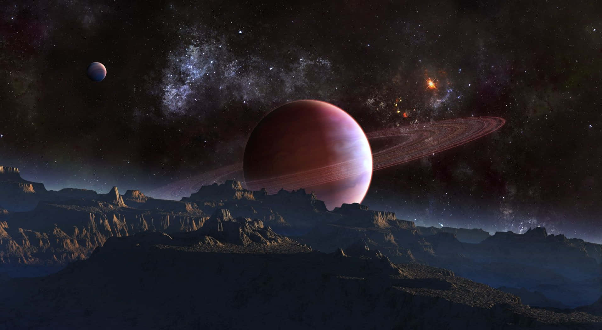 Fantasy Space 桌布 壁紙 — 一顆微紅的環狀行星聳立在鋸齒狀的外星山脈之上，星空宇宙天空下。