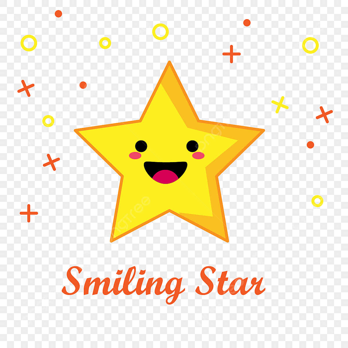 Stars 桌布 壁紙 — 一顆快樂的黃色卡通星星，帶著燦爛的笑容和玫瑰色的臉頰，漂浮在散落的橙色和黃色形狀之間。