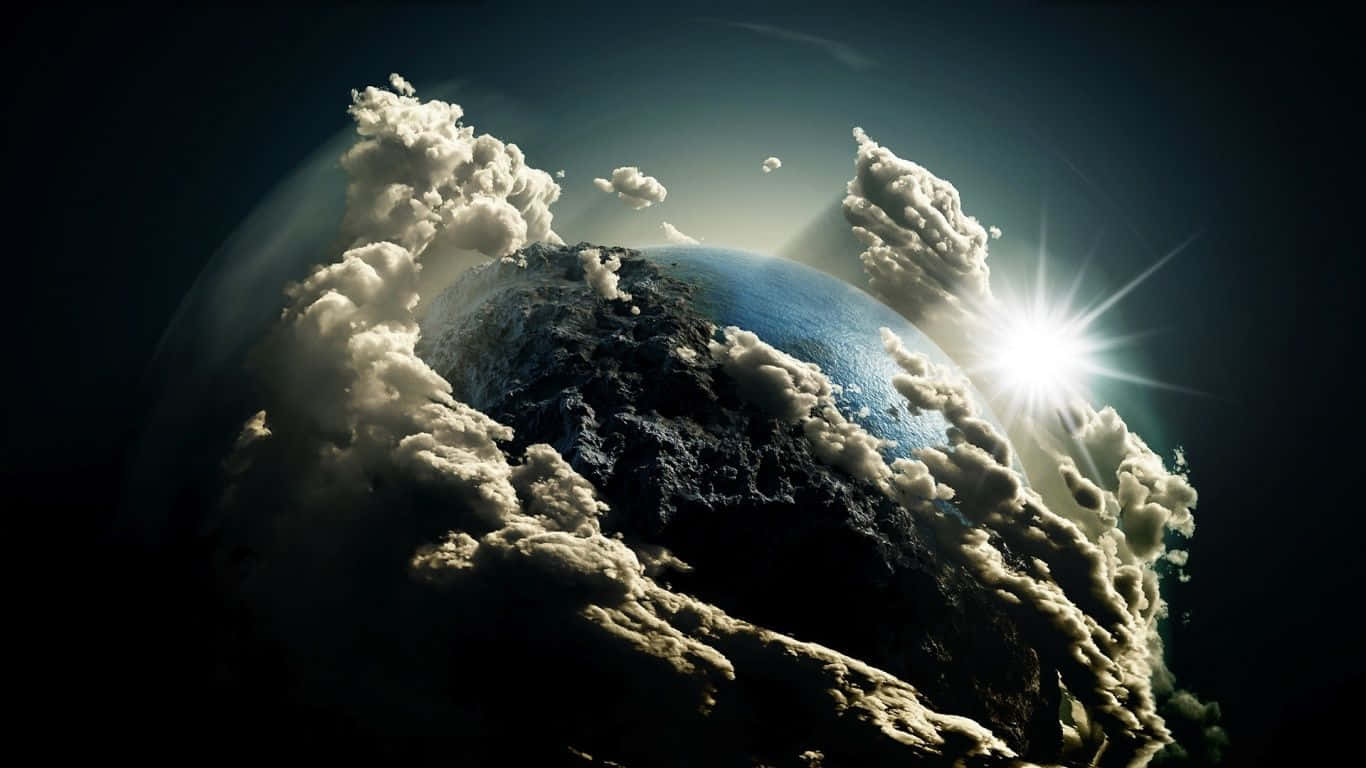 太空 桌布 壁紙 — 一顆戲劇性的行星，帶有旋轉的雲層和明亮的太陽爆發，照亮了它在黑暗宇宙背景下的彎曲地平線。