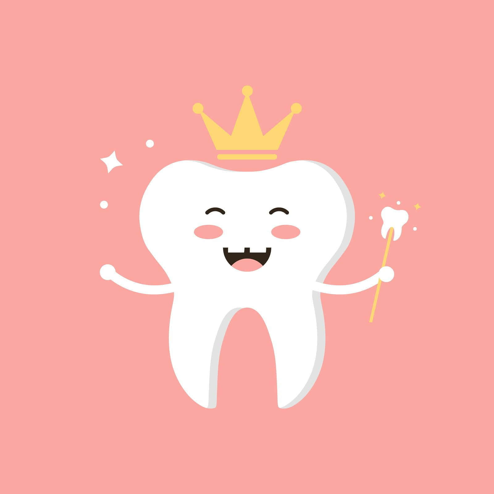 Tooth Fairy 桌布 壁紙 — 一顆戴著金皇冠、手持牙刷魔杖的快樂卡通牙齒，背景是柔和的粉紅色。