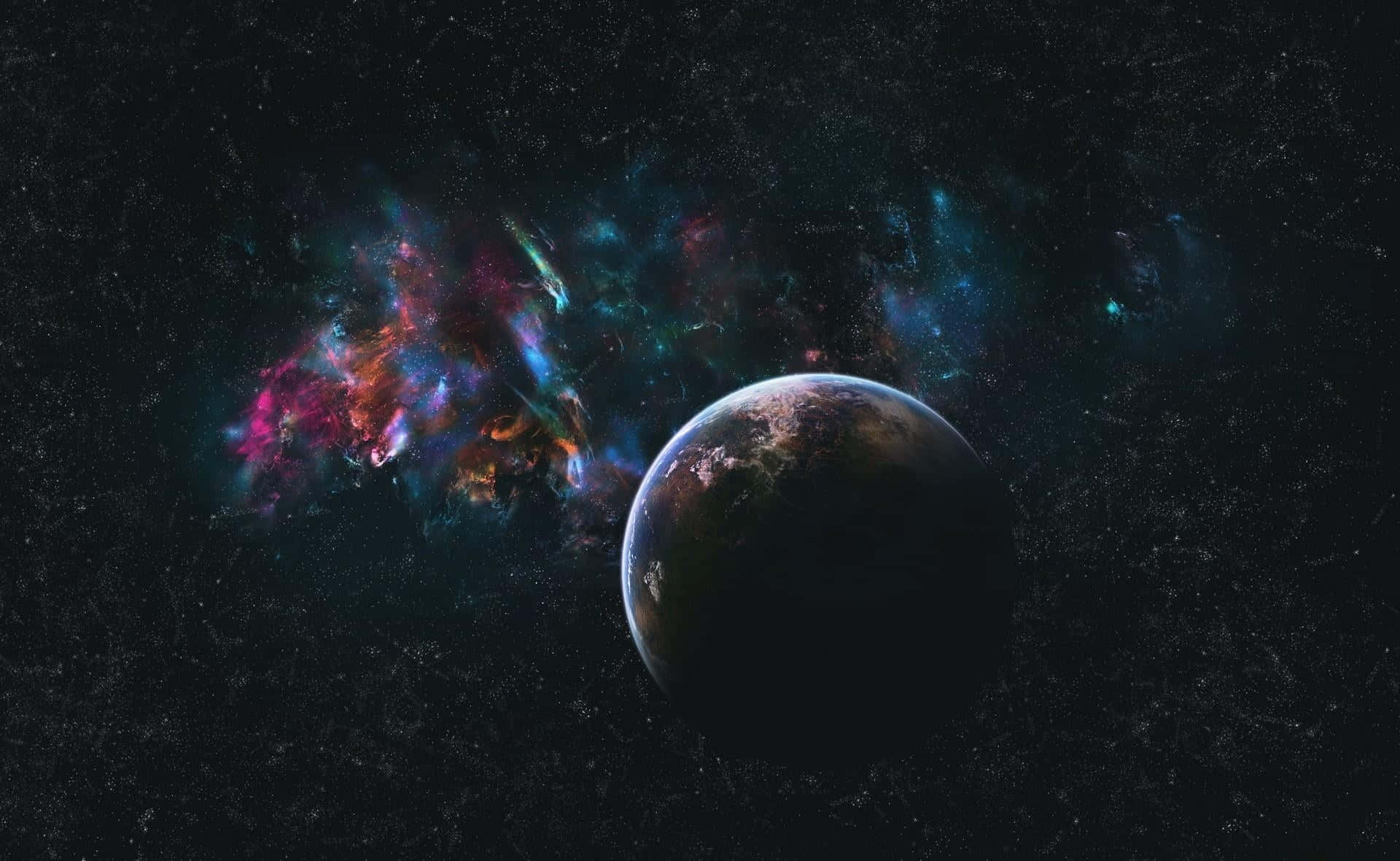 Galaxy Poster 桌布 壁紙 — 一顆擁有可見大陸和海洋的行星，在一個充滿活力的宇宙星雲附近運行，該星雲在星空中散發出粉紅色、藍色和橙色的光芒。