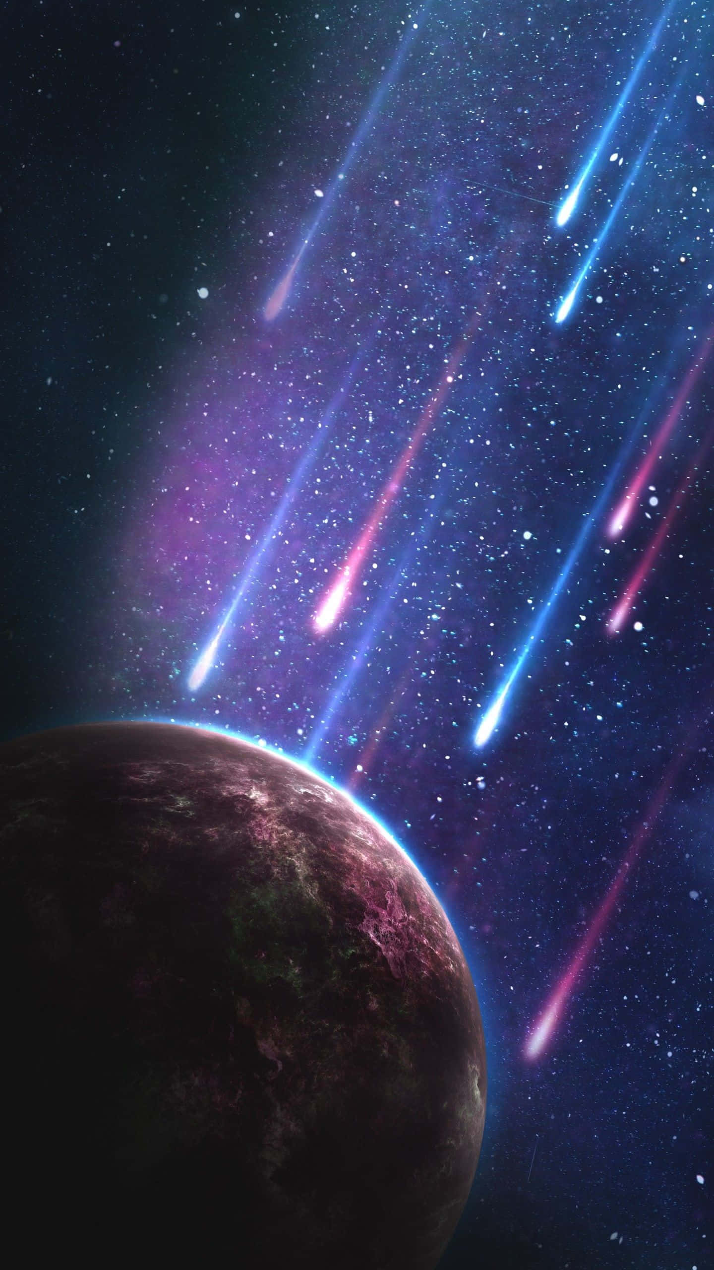 太空電話 桌布 壁紙 — 一顆擁有發光地平線的行星，被鮮豔的藍色和粉紅色流星劃過星空宇宙天空所穿透。