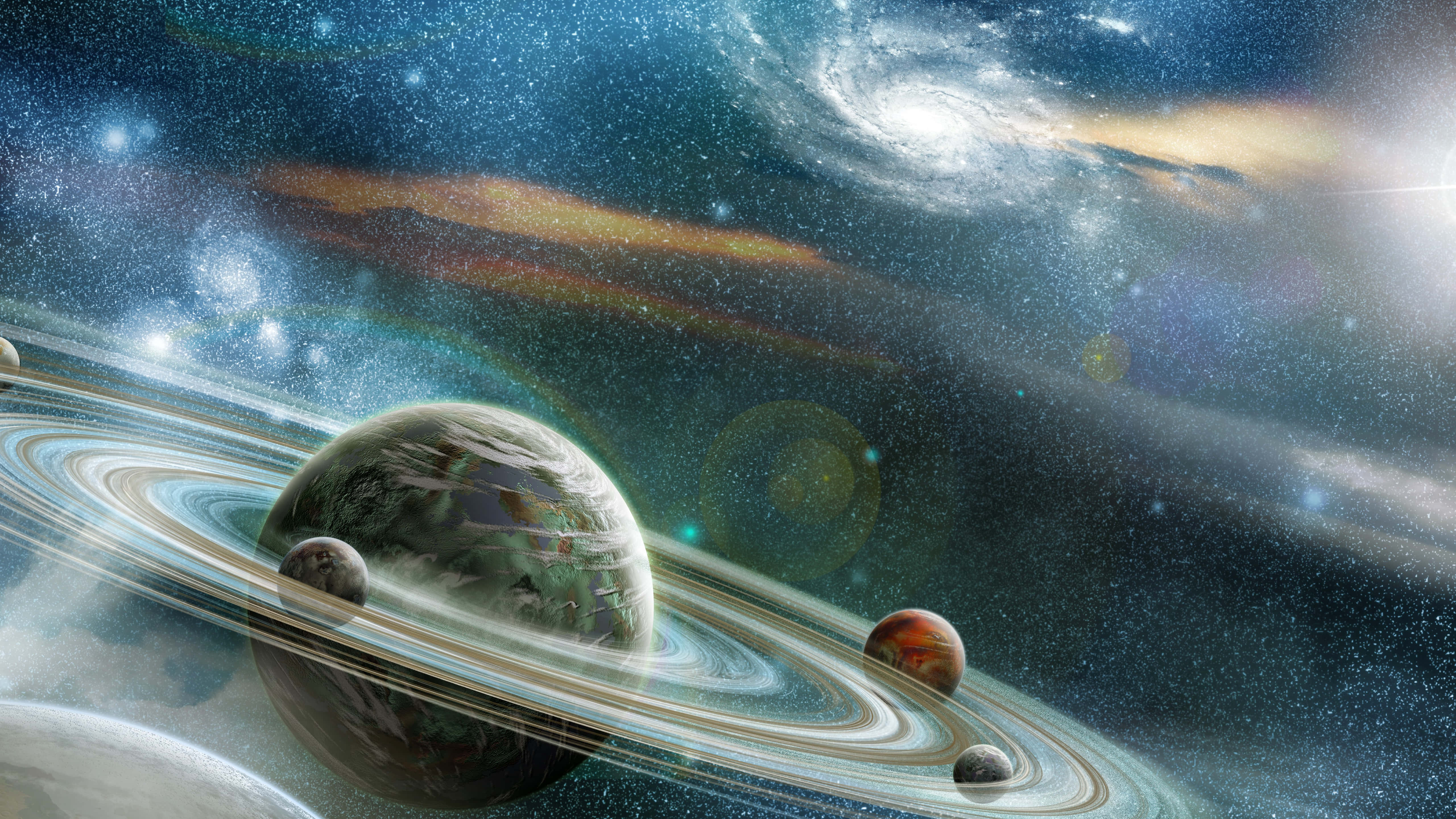 Beautiful Space 桌布 壁紙 — 一顆擁有綠色大陸的雄偉環狀行星，在充滿活力的宇宙星雲和遙遠恆星之間運行。