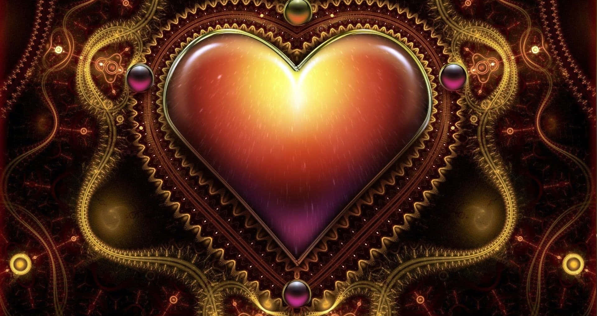 Love Heart 桌布 壁紙 — 一顆散發光芒的心臟，帶有金色和紫色漸變，被複雜的機械齒輪和鏤空花絲包裹在深紅色背景上。