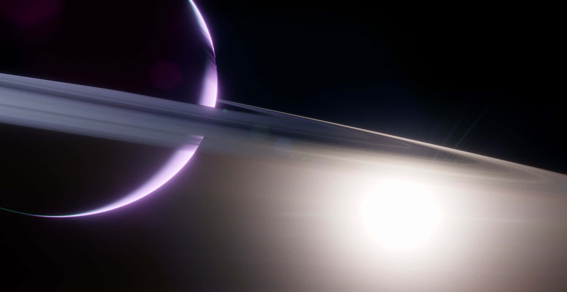 Ringed Planet 壁紙 — 一顆新月形行星，帶有發光的紫色環弧，在黑暗的天空中，被明亮的太陽耀斑照亮。