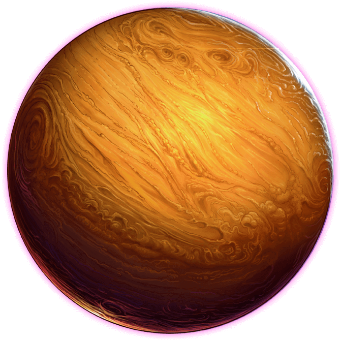 Circle Shape 桌布 壁紙 — 一顆旋轉的橙色和棕色氣體巨星行星，在黑色虛空中帶有明亮的粉紅色發光邊緣。