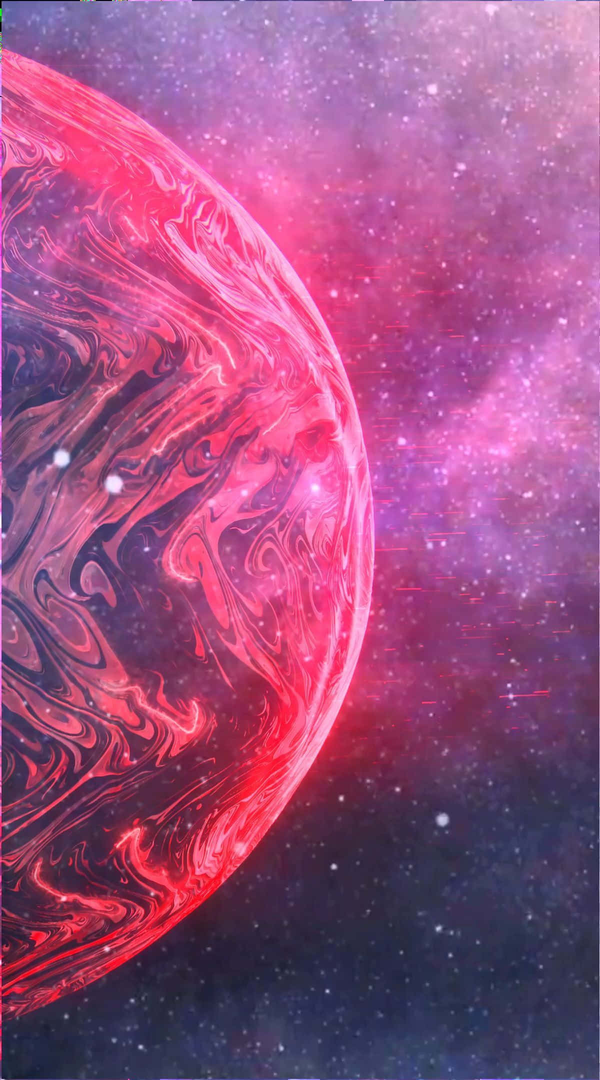 Live Aesthetic 桌布 壁紙 — 一顆旋轉的紅色行星，帶有發光的脈絡，漂浮在佈滿星星的紫色和粉紅色星雲中。