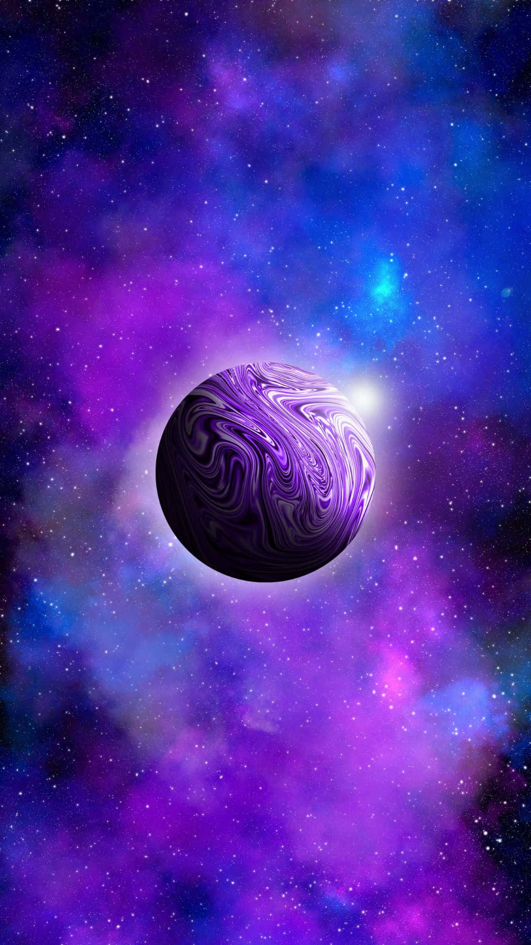 行星動畫 桌布 壁紙 — 一顆旋轉的紫色行星漂浮在充滿活力的宇宙星雲中，散發著電光藍和紫色的光芒。