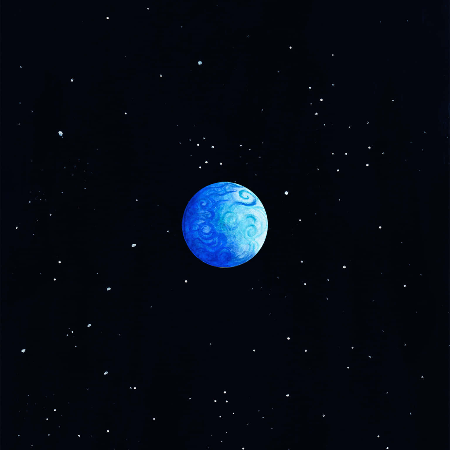 Blue Planet 桌布 壁紙 — 一顆旋轉的藍色行星在繁星點點的宇宙虛空中寧靜漂浮，帶有柔和發光的高光。