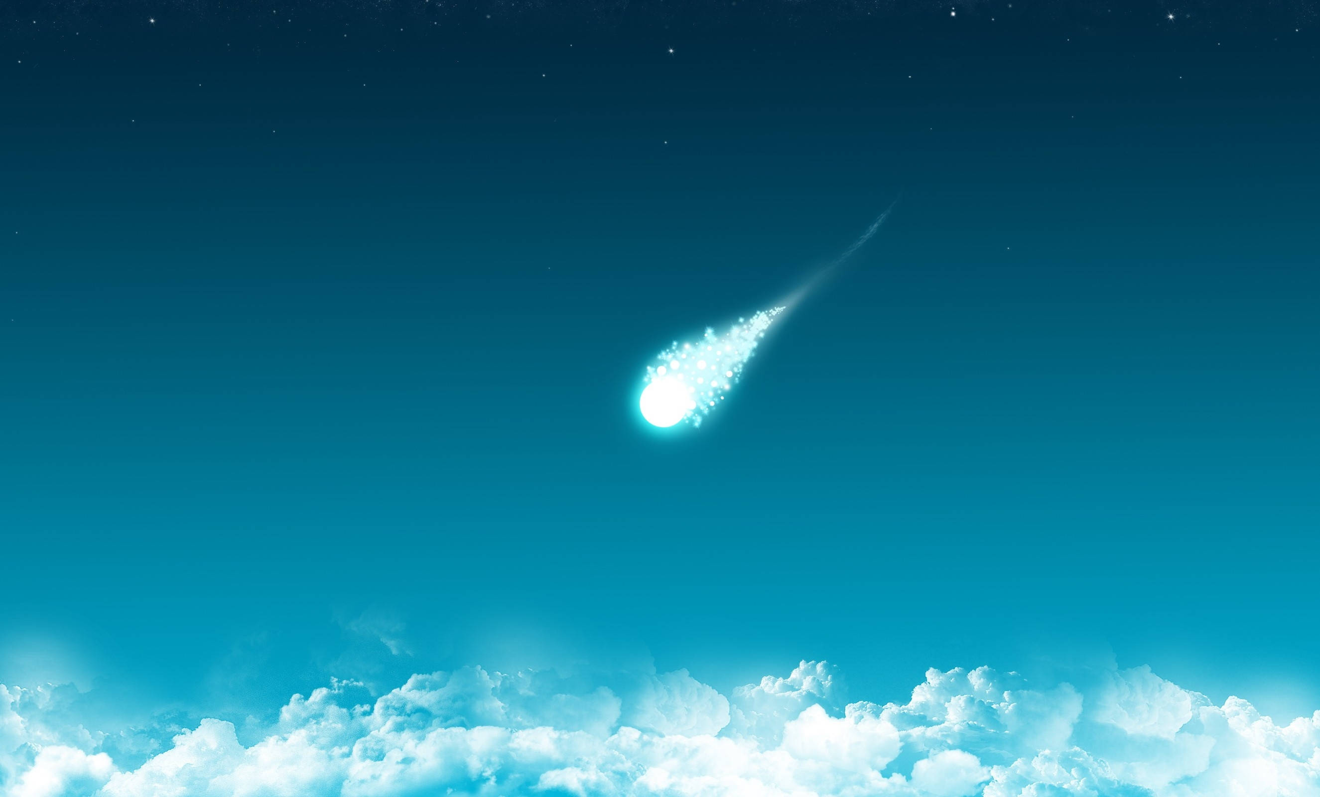 雲朵 桌布 壁紙 — 一顆明亮發光的彗星在繁星點點的夜空下，劃過蓬鬆白雲之上的青綠色天空。