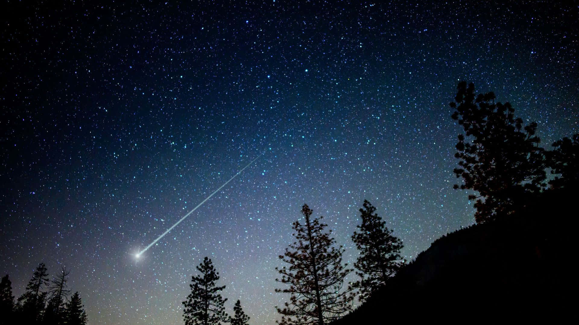 星空動畫 桌布 壁紙 — 一顆明亮的彗星劃過星空夜空，上方是剪影的松樹和山脈。