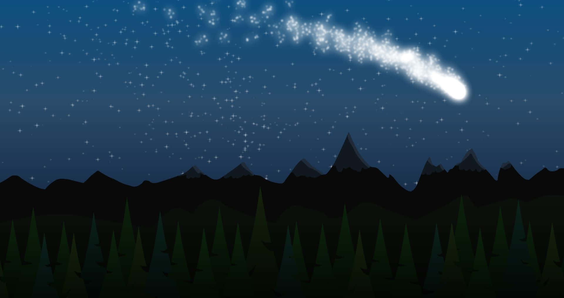 comet 桌布 壁紙 — 一顆明亮的彗星劃過繁星點點的夜空，下方是黑暗的山巒輪廓和松樹林。
