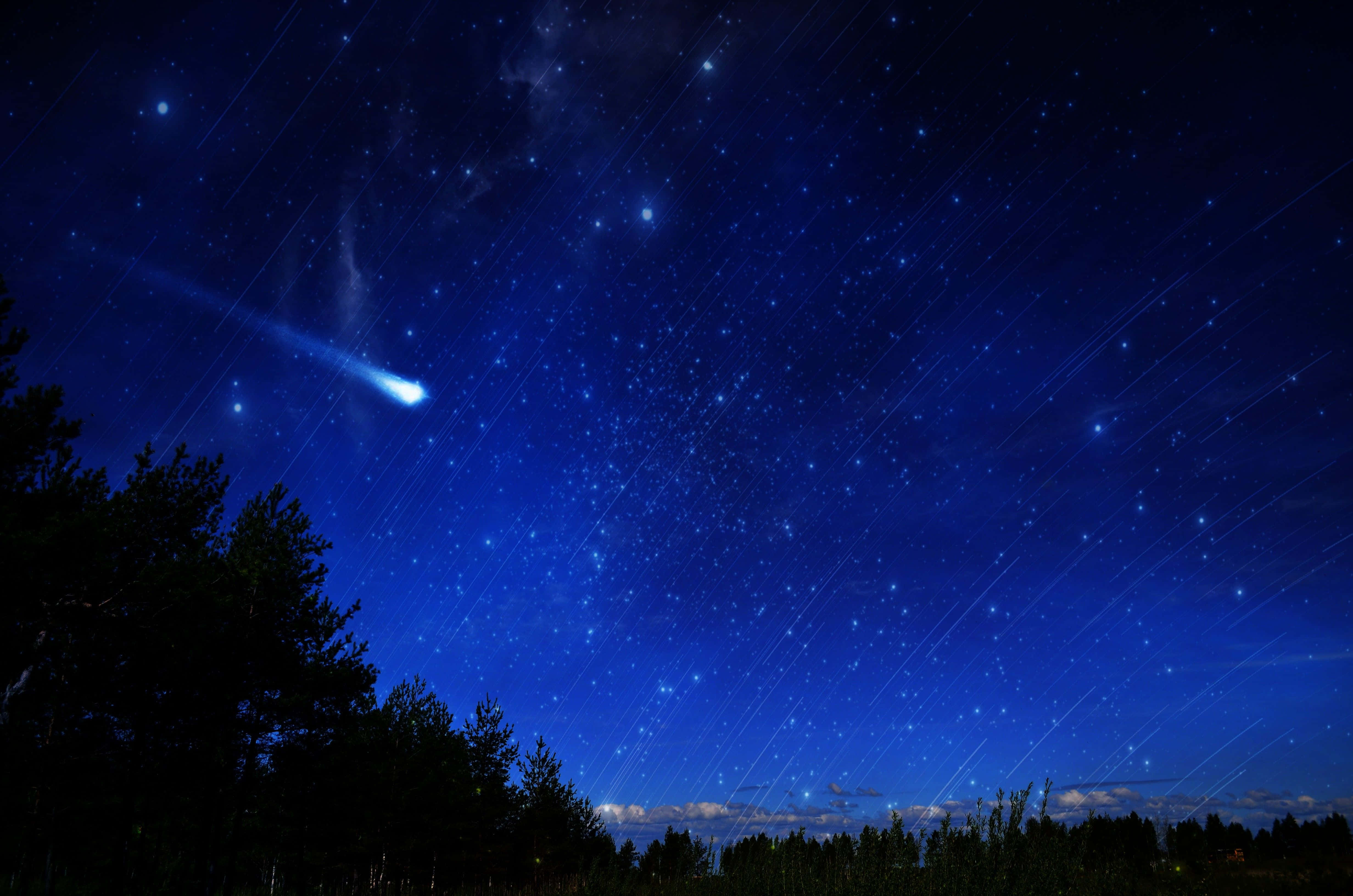 comet 桌布 壁紙 — 一顆明亮的彗星劃過黑暗森林輪廓上方的星空夜空。